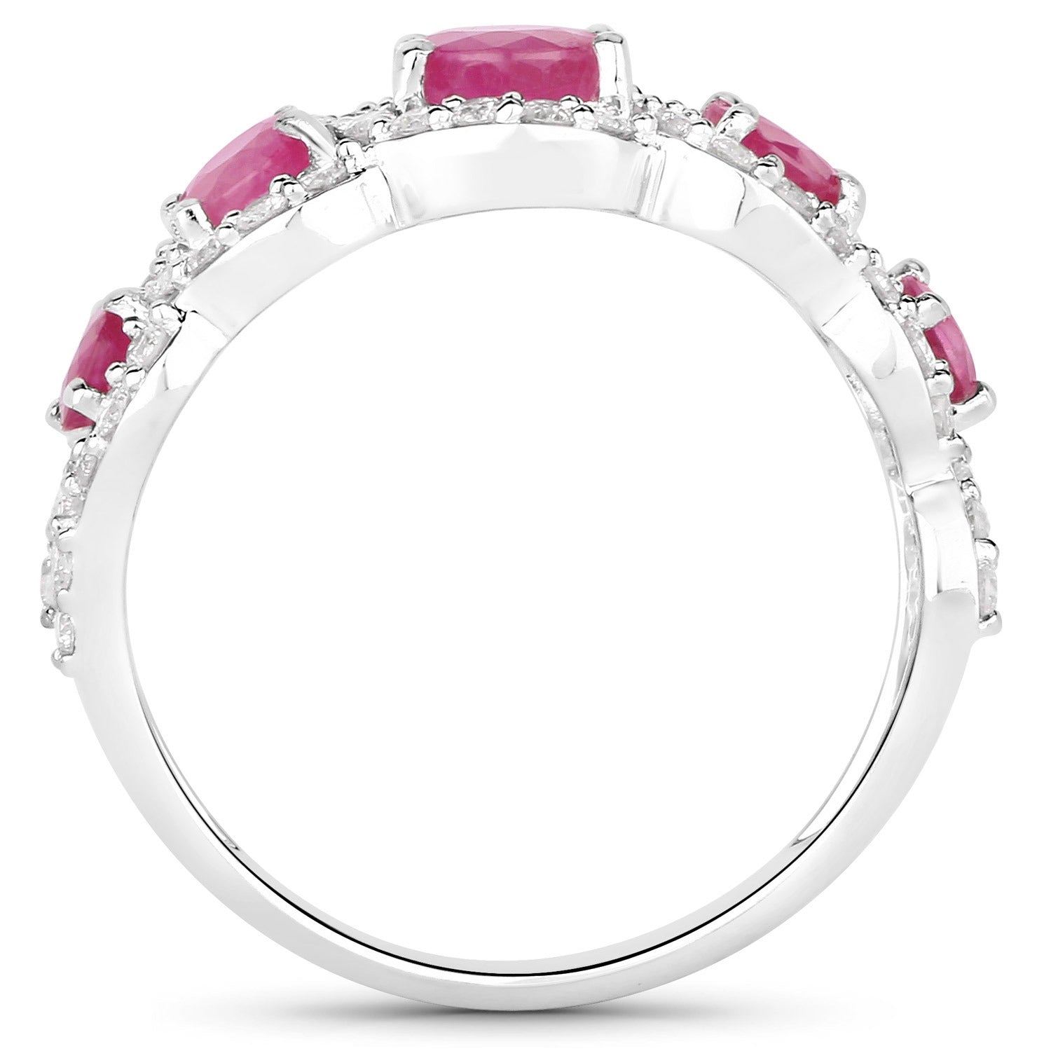 1.99 Ct Round Cut Pink Ruby and White Diamond Prong 14K White Gold Five Stone Halo Ring
