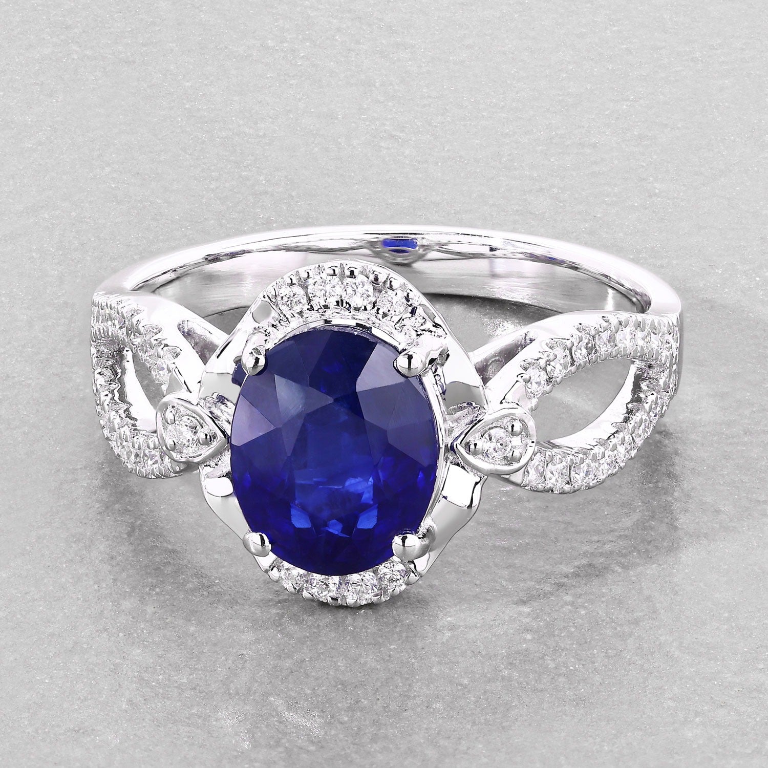 2.33 Ct Genuine Oval Ceylon Blue Sapphire Diamond 18K White Gold Crossover Ring