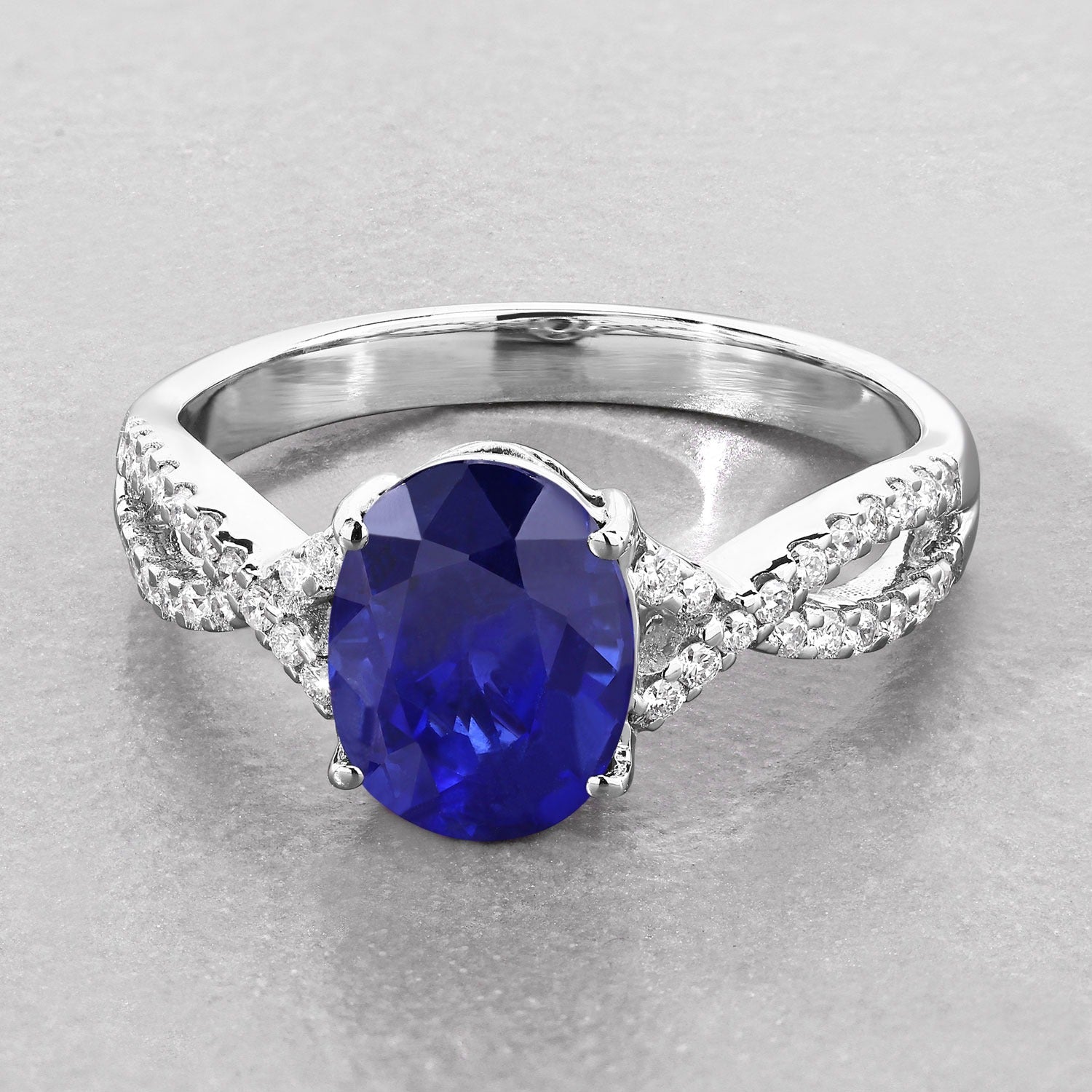 2.18 Ct Genuine Oval Ceylon Blue Sapphire Diamond 18K White Gold Crossover Ring