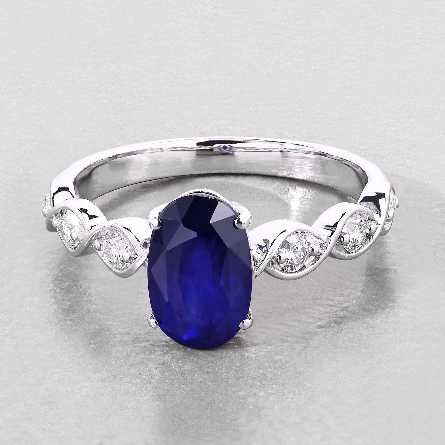 2.57 Ct Oval Genuine Ceylon Blue Sapphire Diamond 18K White Gold Crossover Ring