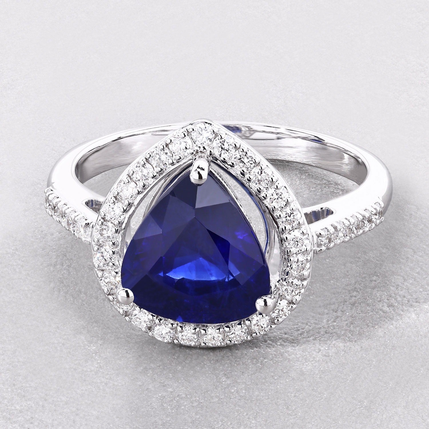 3.47 Ct Pear Ceylon Blue Sapphire and White Diamond Prong 18K White Gold Pave Halo Statement Ring