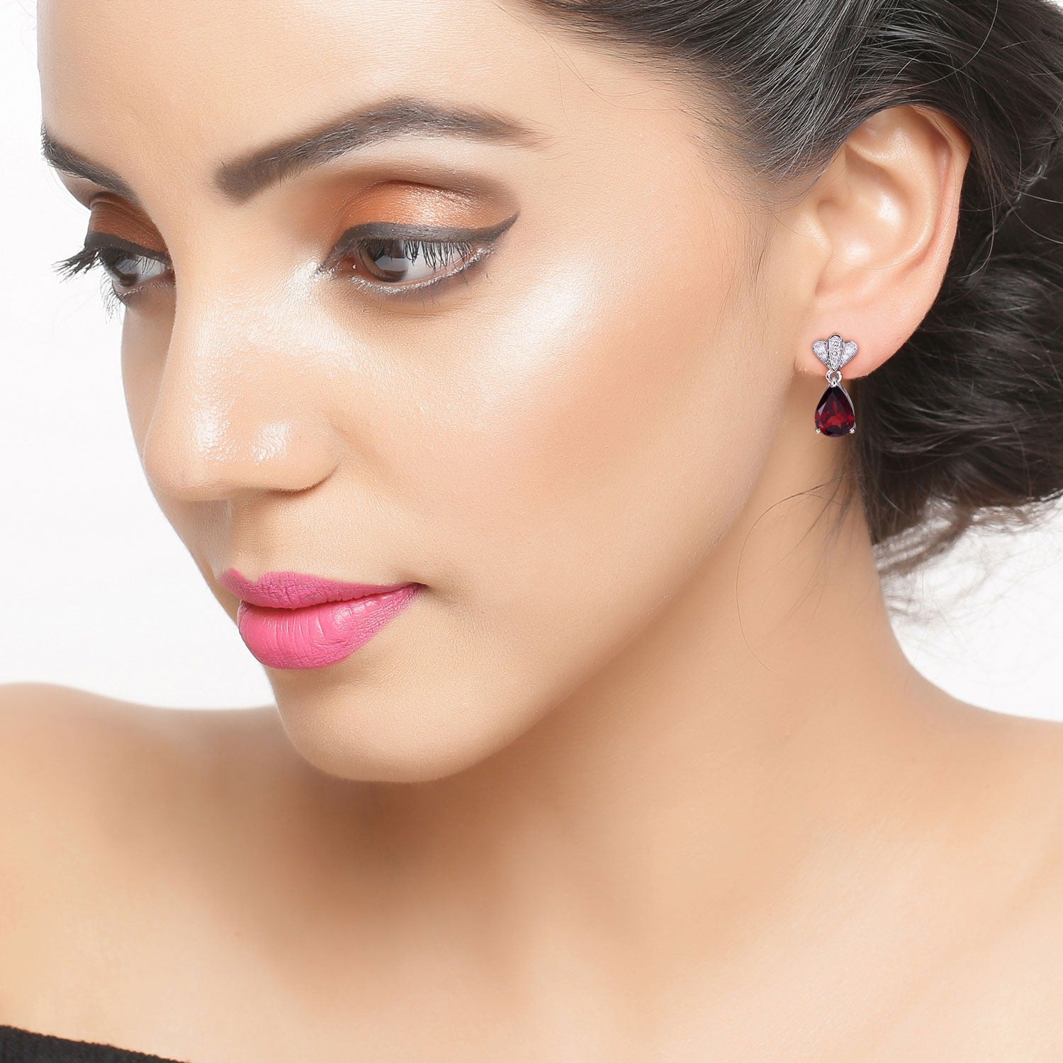 Genuine Mozambique Garnet and Lab Diamond Silver Earrings