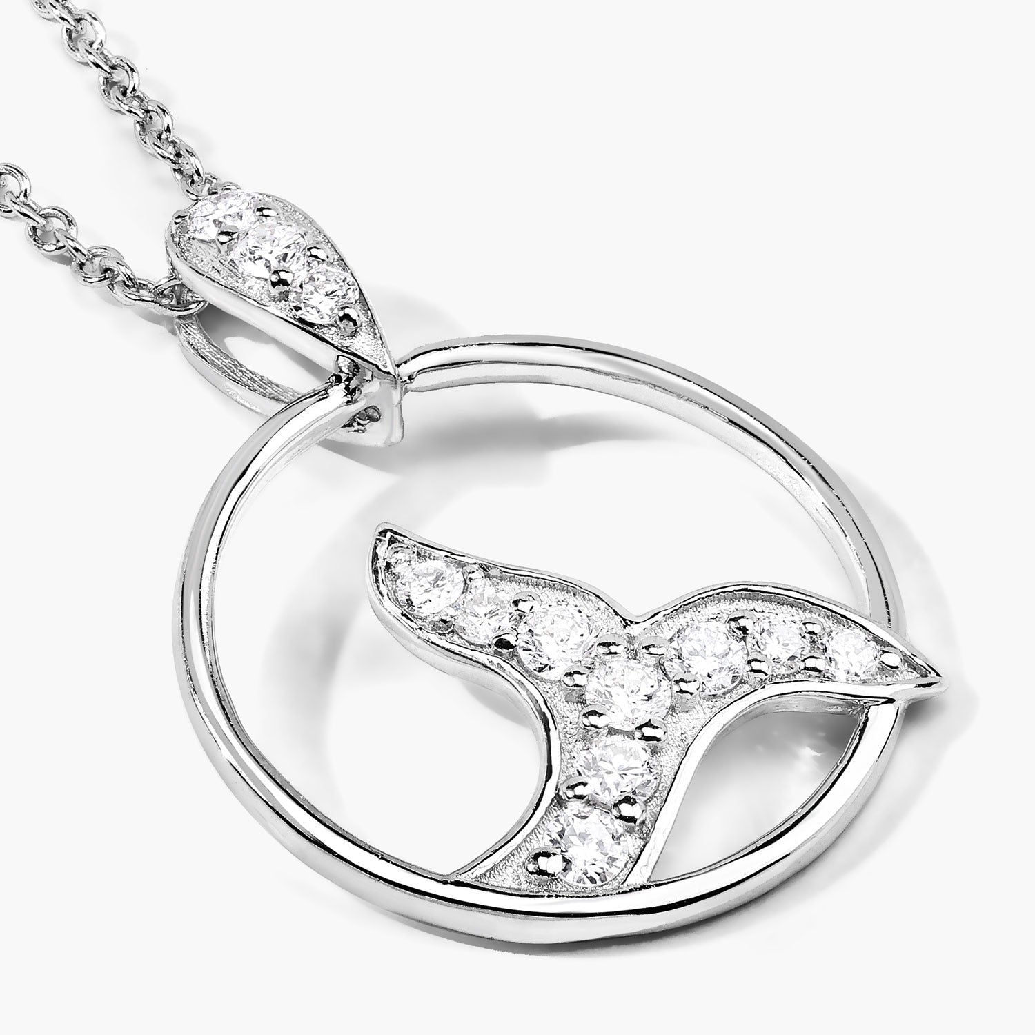 0.34 Cttw Round Lab Diamond Rhodium Plated Silver Whale Tail Circle Pendant Necklace