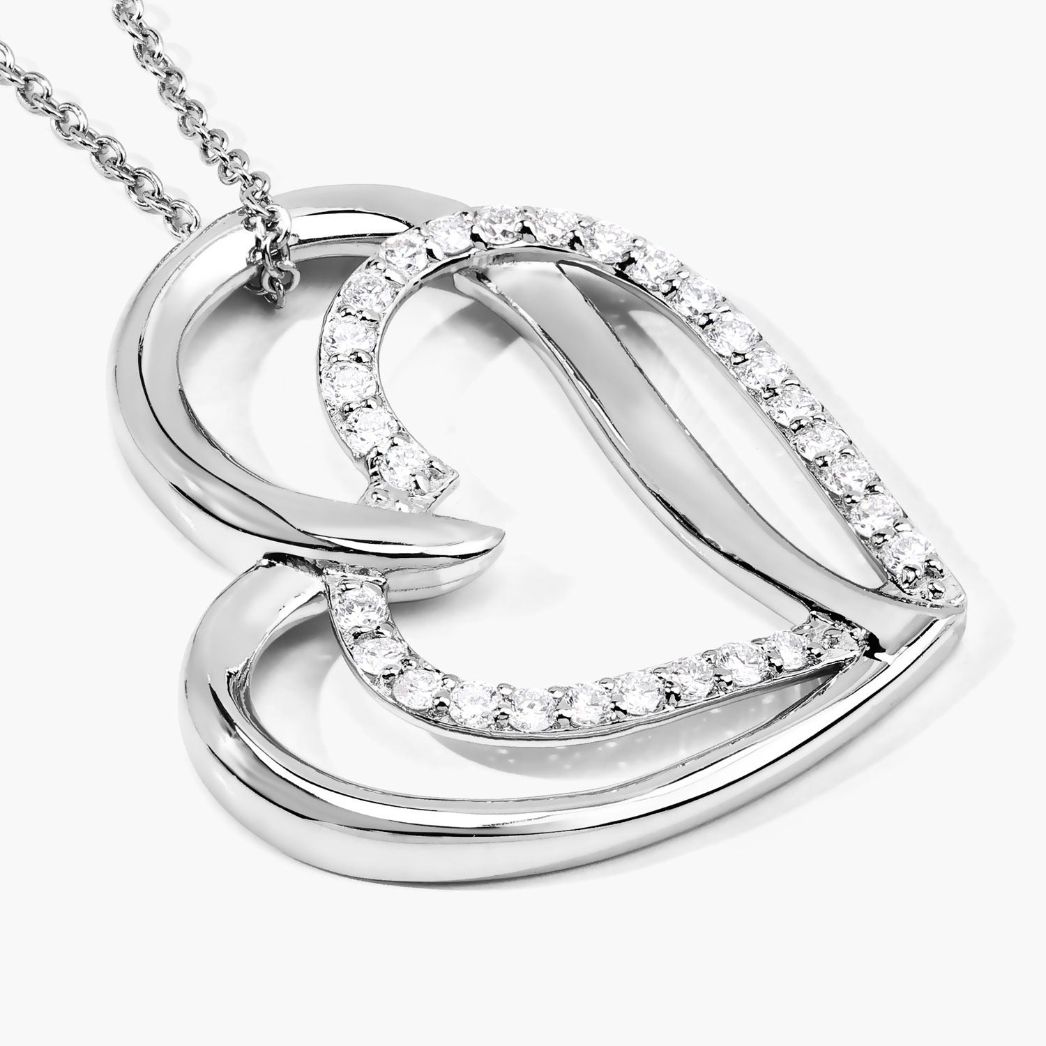 0.52 Cttw Round Lab Diamond Rhodium Plated Silver Intertwined Double Heart Pendant Necklace
