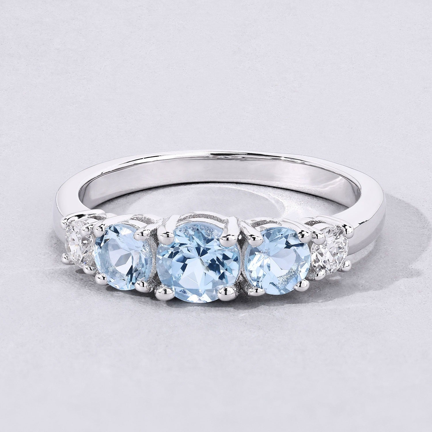 0.82 Ct Round Blue Aquamarine & Lab Diamond Prong Silver Five Stone Eternity Ring