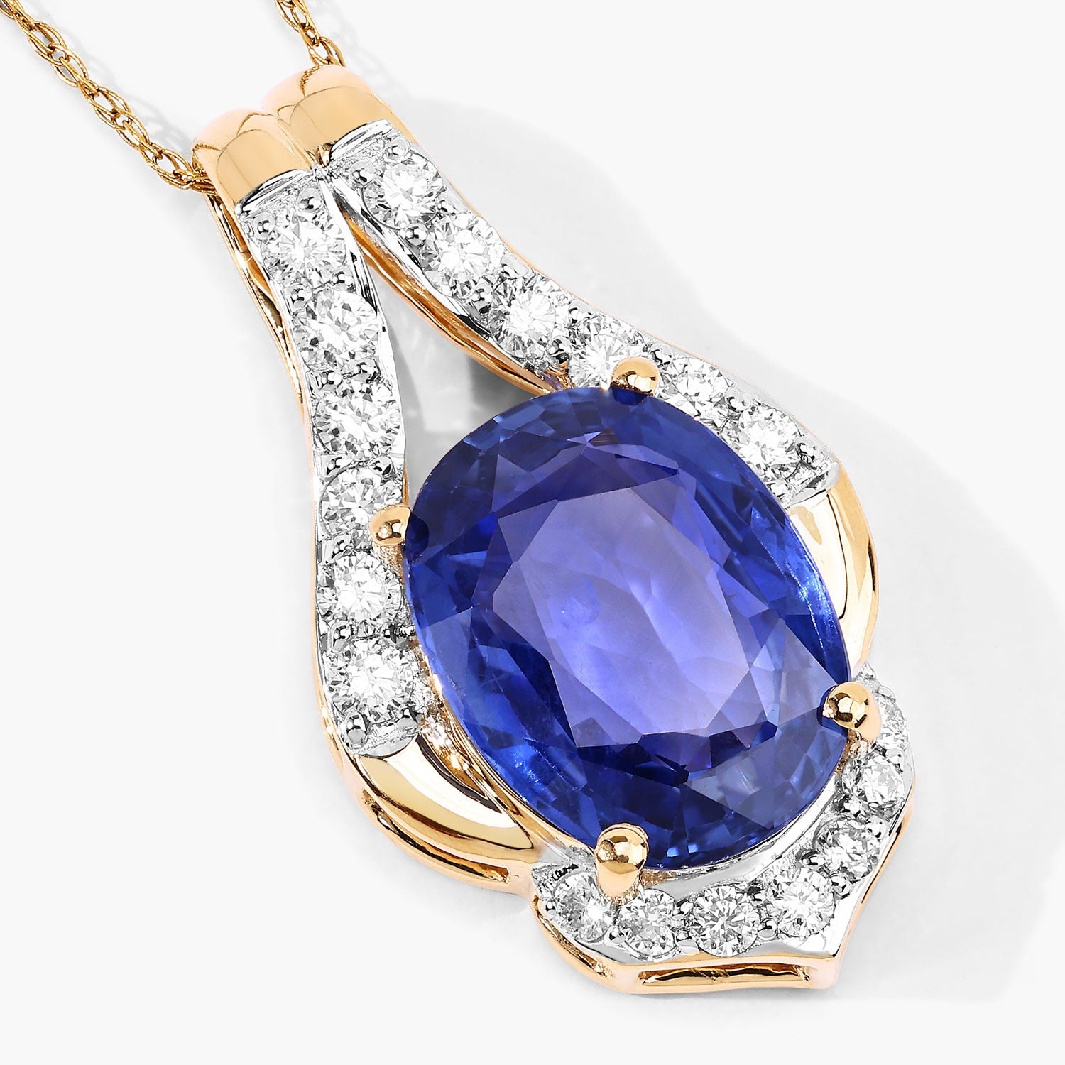 4.13 Ct Genuine Oval Ceylon Blue Sapphire and Diamond 18K Yellow Gold Statement Pendant