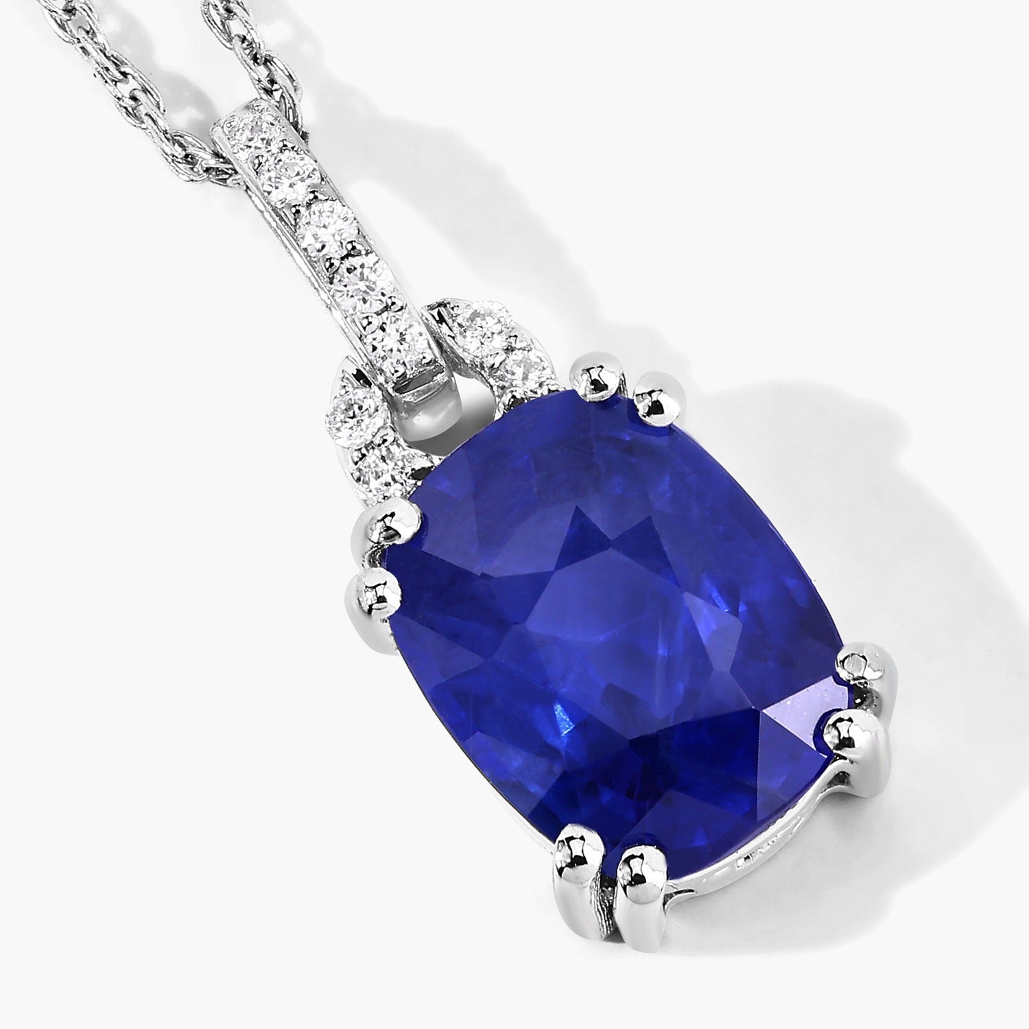 2.05 Ct Genuine Cushion Ceylon Blue Sapphire and Diamond 18K White Gold Slide Pendant