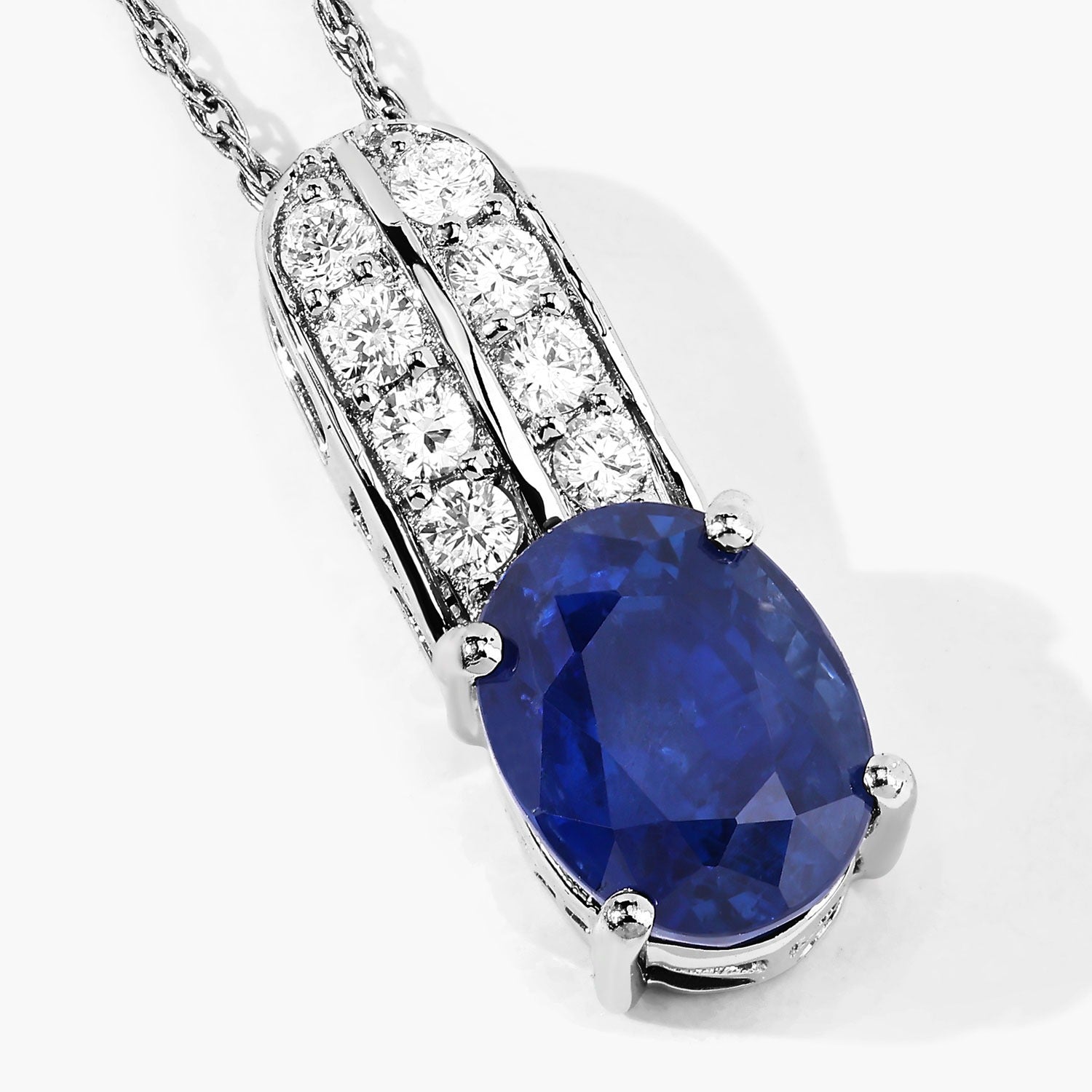 2.74 Ct Genuine Oval Ceylon Blue Sapphire and Diamond 18K White Gold Slide Pendant