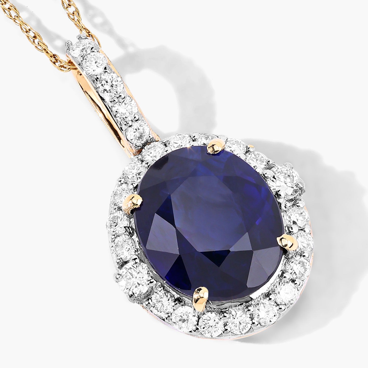 2.58 Ct Genuine Oval Ceylon Blue Sapphire and Diamond 18K Yellow Gold Halo Pendant
