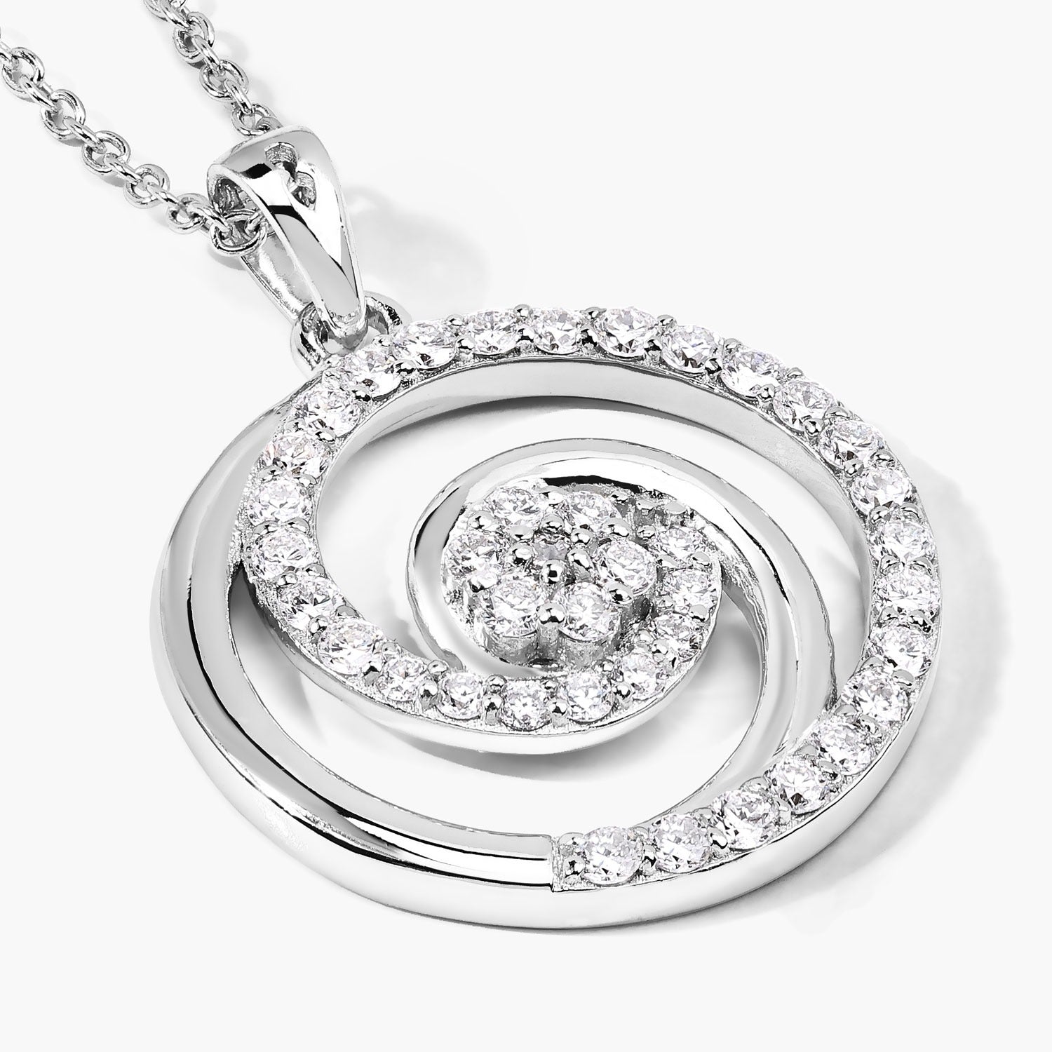 0.75 Cttw Round Lab Diamond Rhodium Plated Silver Spiral Galaxy Circle Pendant Necklace