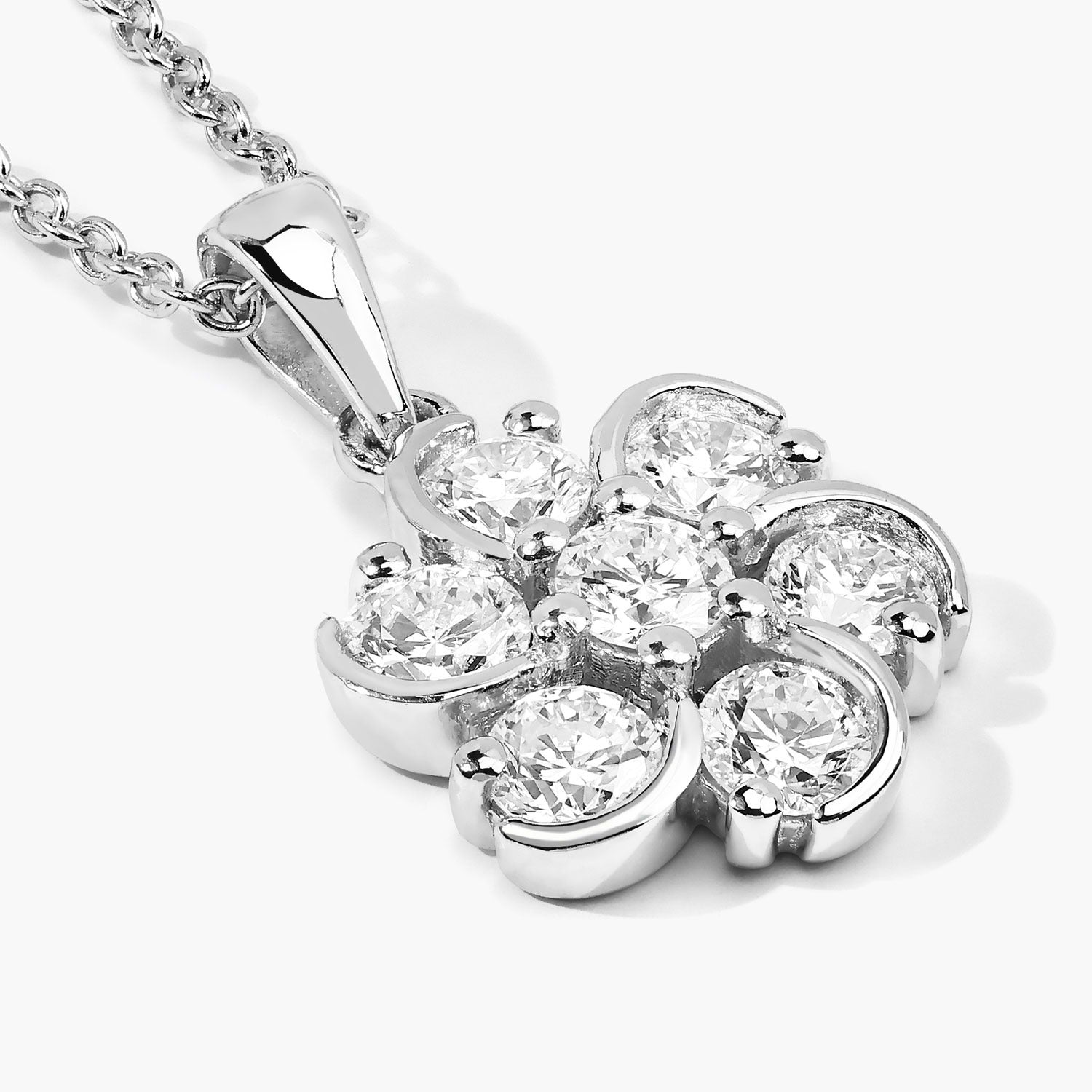 1 Cttw Round Lab Diamond Rhodium Plated Silver Floral Cluster Pendant Necklace