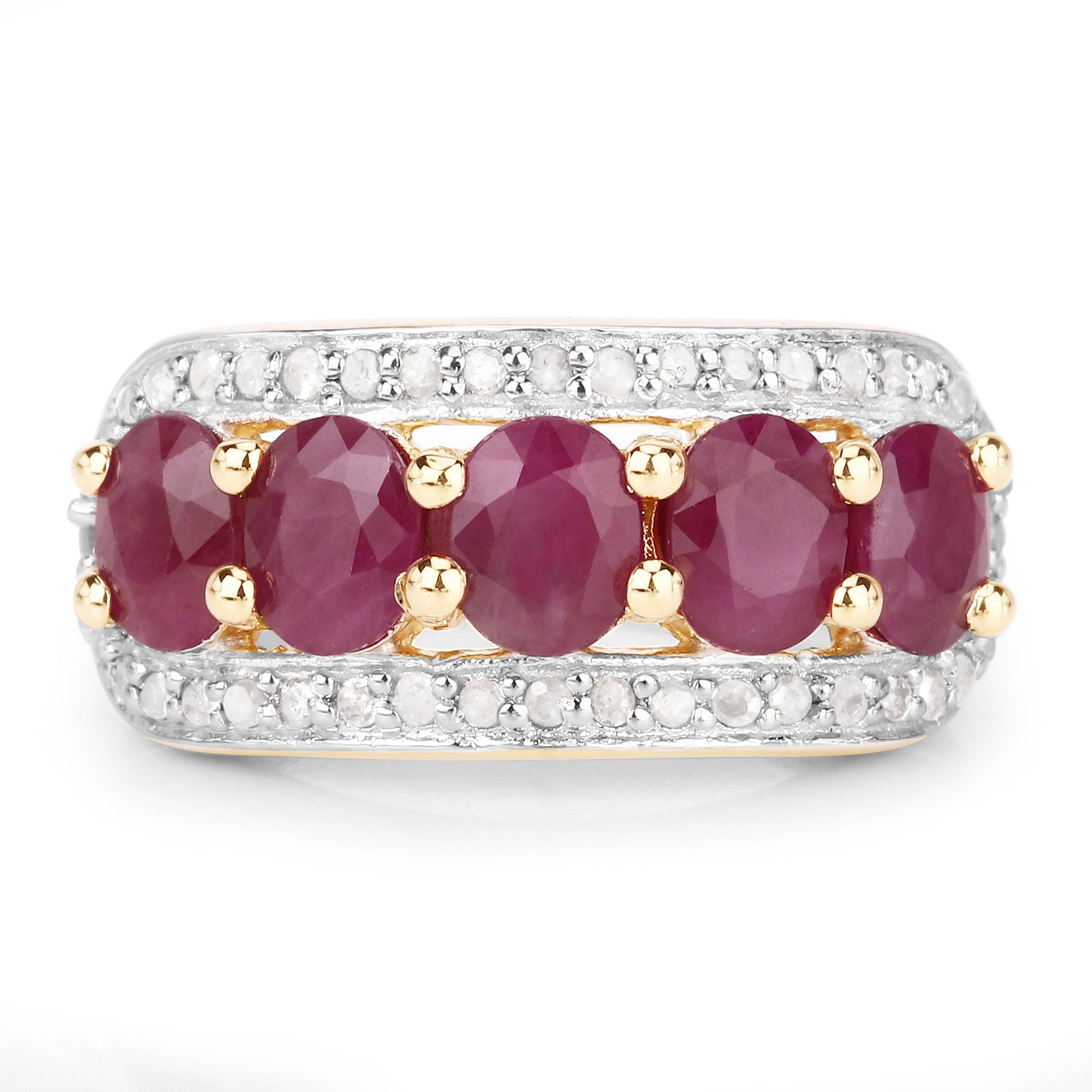 1.74 Ct Oval Pink Ruby and White Diamond Prong Silver Five Stone Halo Ring