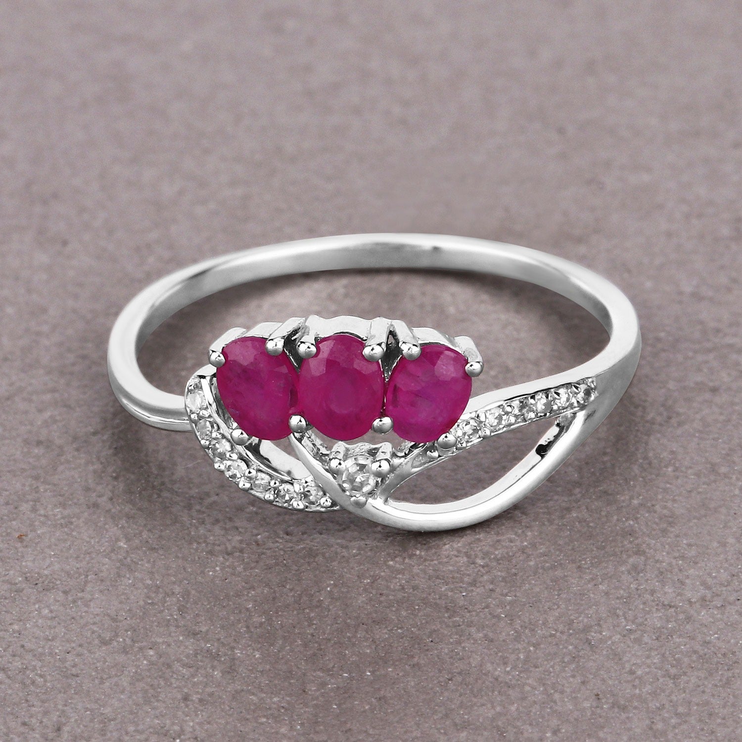0.66 Ct Oval Pink Ruby & Diamond Prong 14K White Gold Pave Three Stone Knot Ring