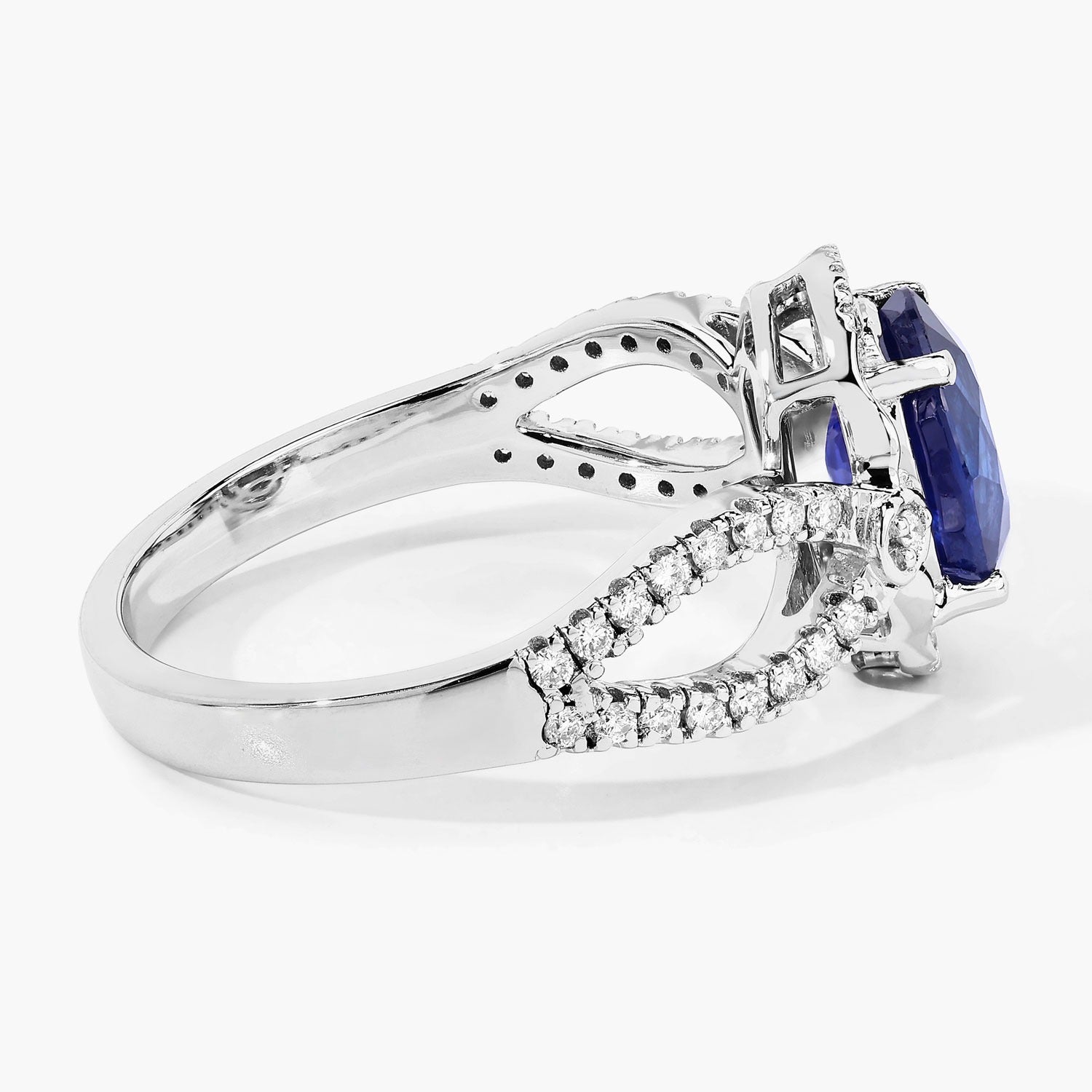 2.33 Ct Genuine Oval Ceylon Blue Sapphire Diamond 18K White Gold Crossover Ring