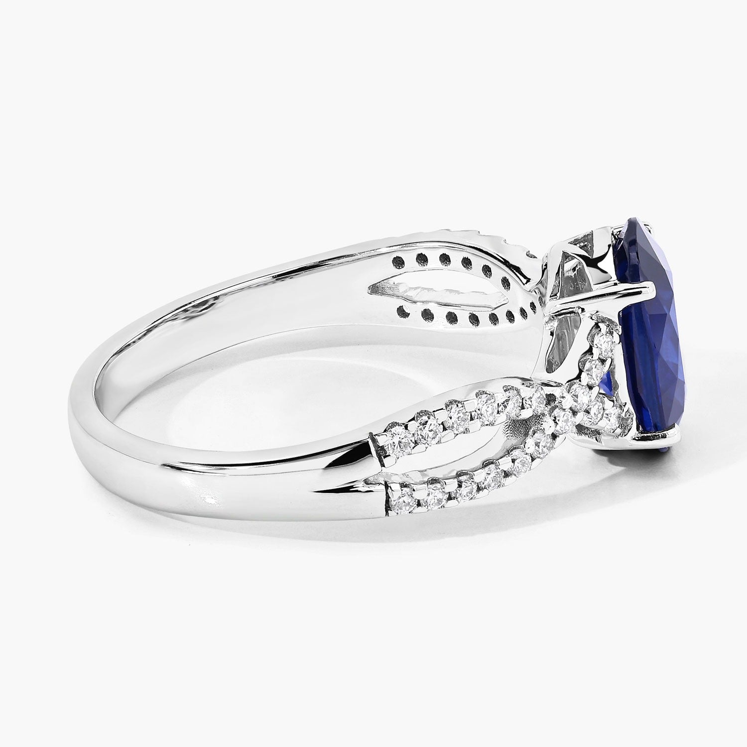 2.18 Ct Genuine Oval Ceylon Blue Sapphire Diamond 18K White Gold Crossover Ring
