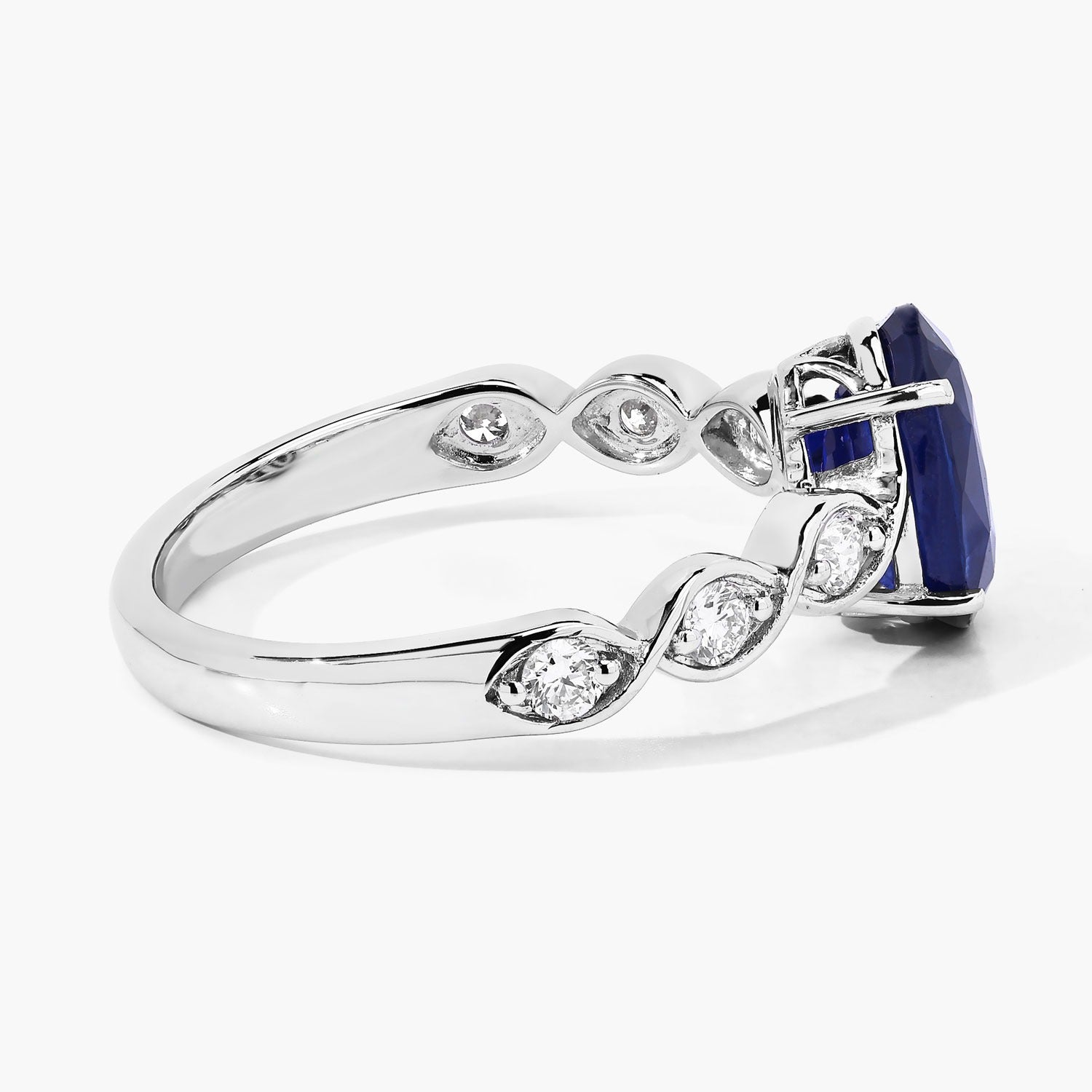 2.57 Ct Oval Genuine Ceylon Blue Sapphire Diamond 18K White Gold Crossover Ring