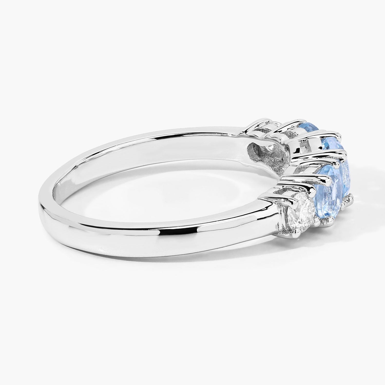 0.82 Ct Round Blue Aquamarine & Lab Diamond Prong Silver Five Stone Eternity Ring