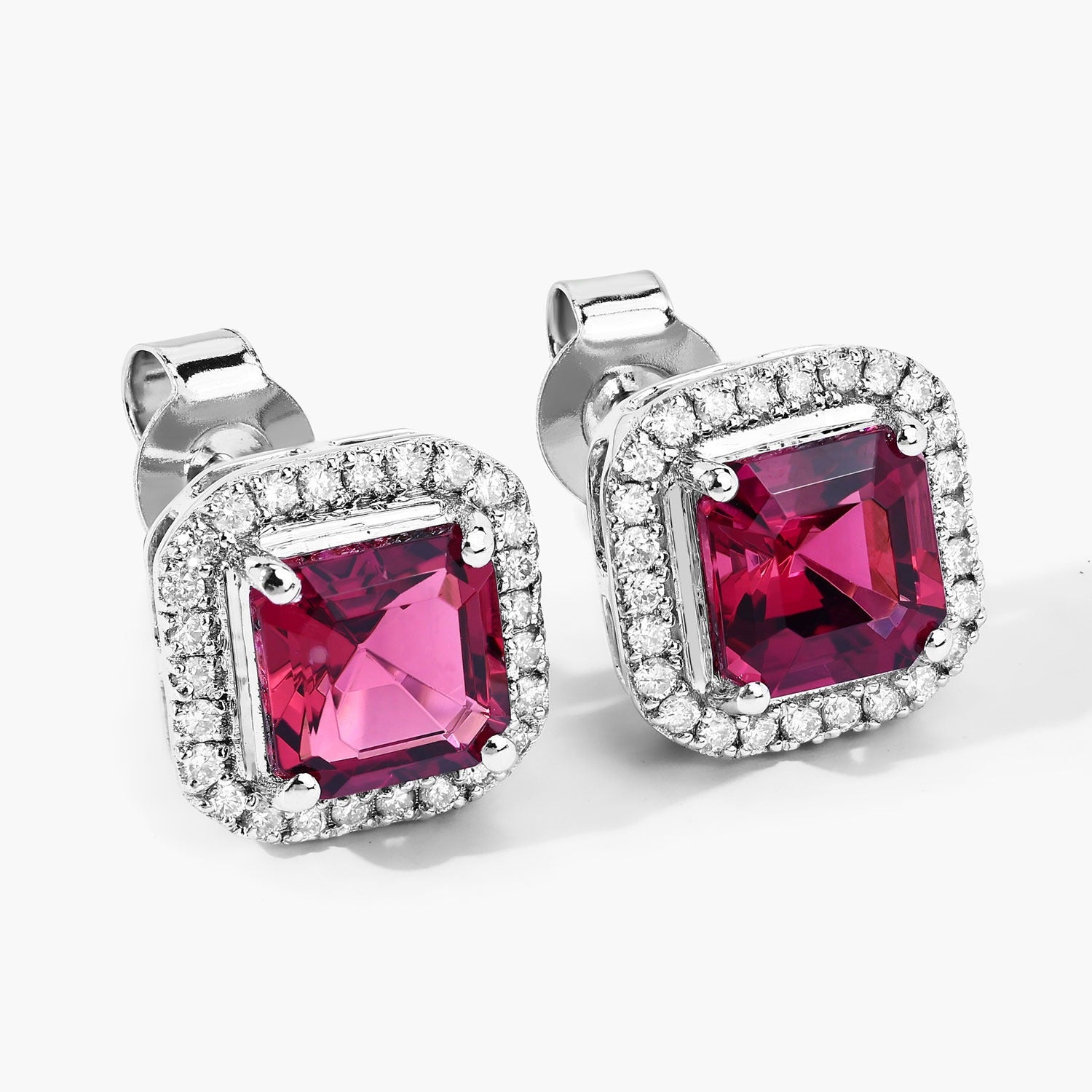 Red Rubellite and White Diamond 14K Gold Stud Earrings