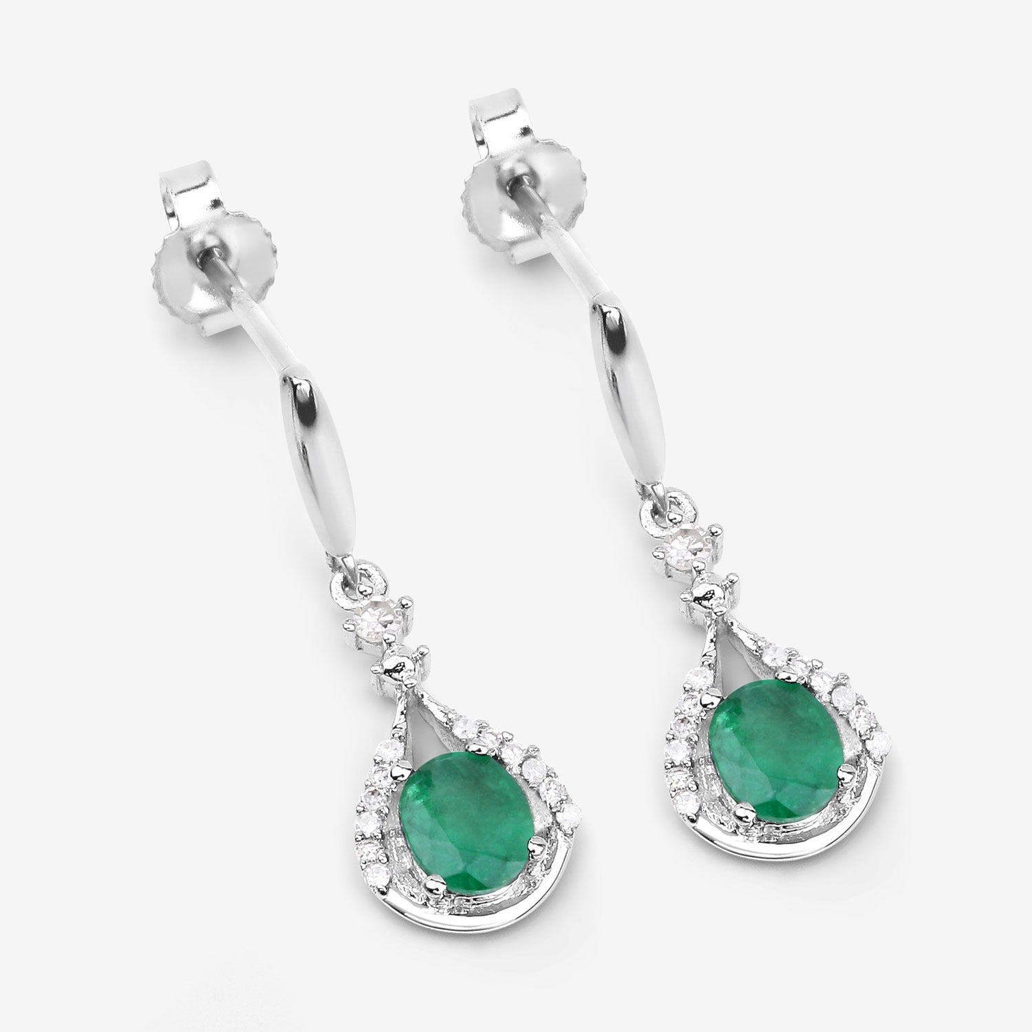 0.60 Ct Oval Green Zambian Emerald & Diamond Prong 14K White Gold Drop Dangle Earrings