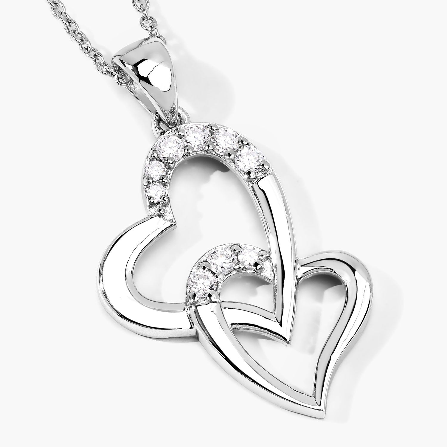 0.26 Cttw Round Lab Diamond Rhodium Plated Silver Intertwined Double Heart Pendant Necklace