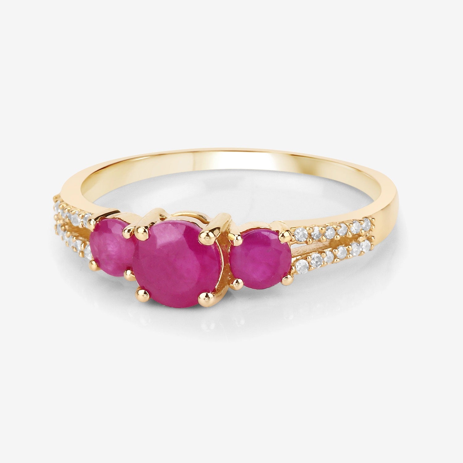 1.02 Ct Round Three Stone Pink Ruby and White Diamond Prong 14K Yellow Gold Split Shank Ring