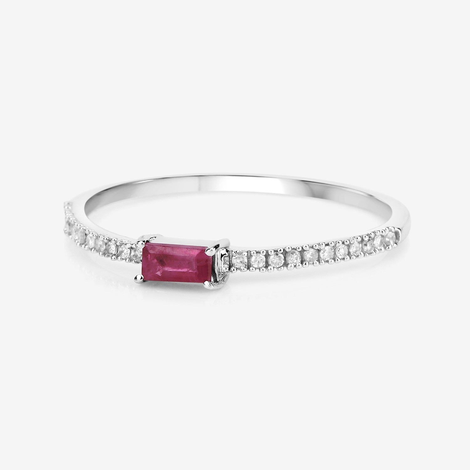 0.22 Ct Baguette Cut Pink Ruby and White Diamond Prong 14K White Gold Bridge Stackable Pave Ring