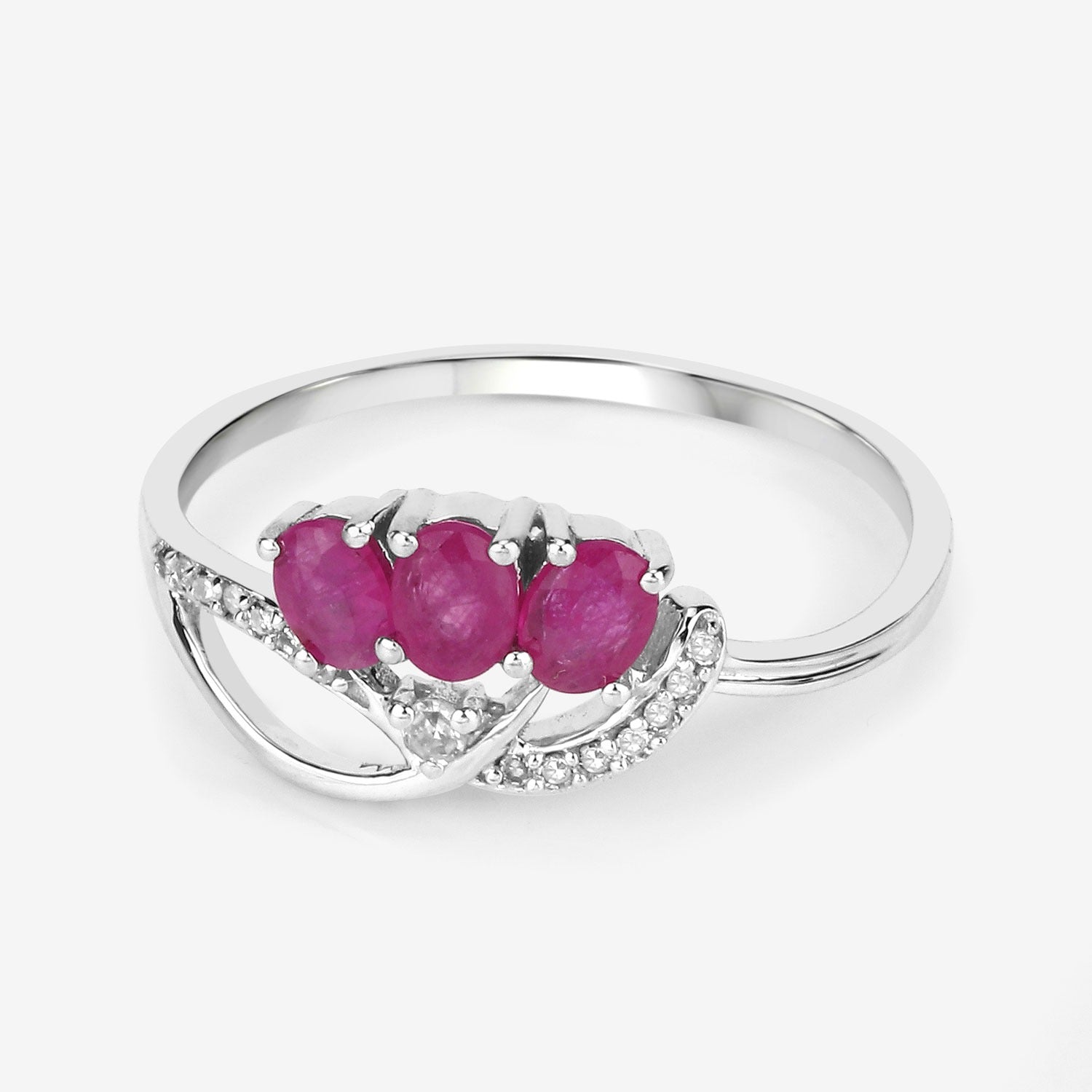 0.66 Ct Oval Pink Ruby & Diamond Prong 14K White Gold Pave Three Stone Knot Ring