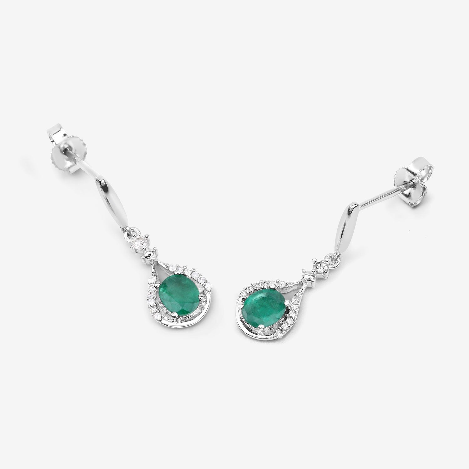 0.60 Ct Oval Green Zambian Emerald & Diamond Prong 14K White Gold Drop Dangle Earrings