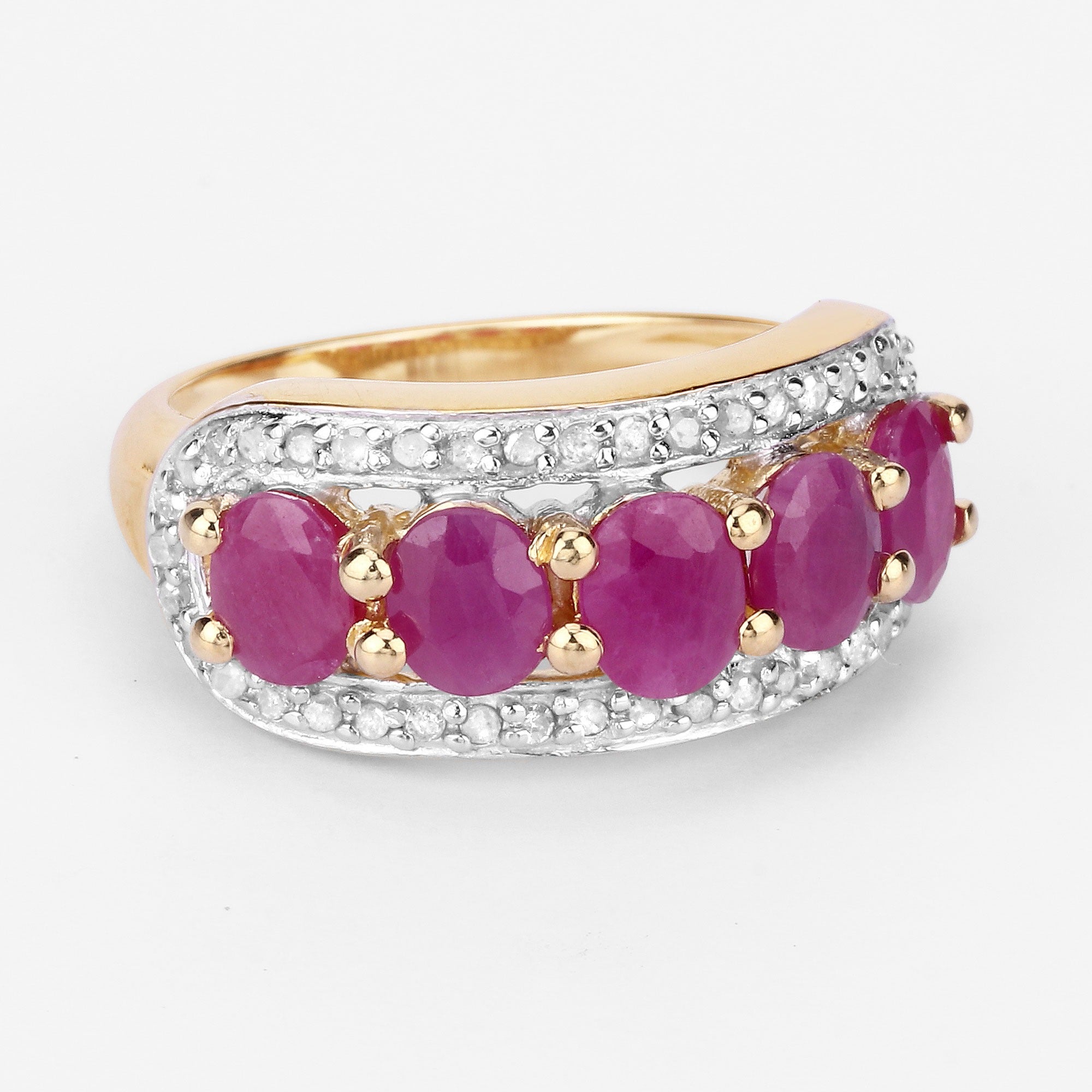 1.74 Ct Oval Pink Ruby and White Diamond Prong Silver Five Stone Halo Ring