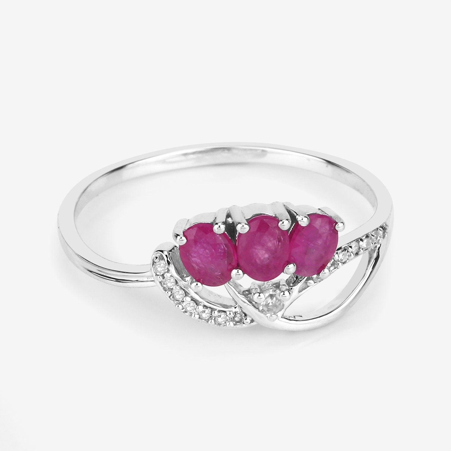0.66 Ct Oval Pink Ruby & Diamond Prong 14K White Gold Pave Three Stone Knot Ring