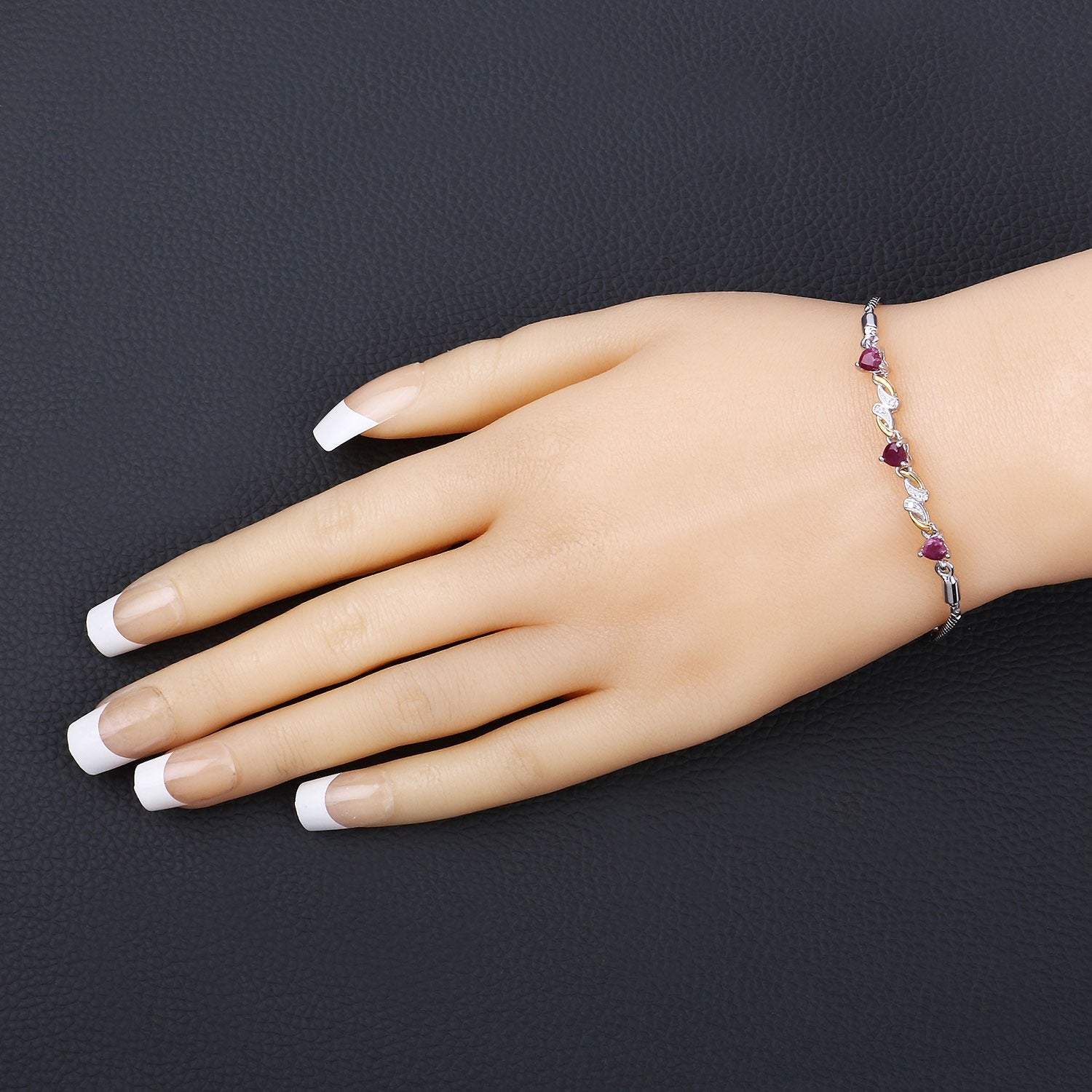 Genuine Ruby and White Sapphire Silver Heart Bracelet Fine Color Jewels