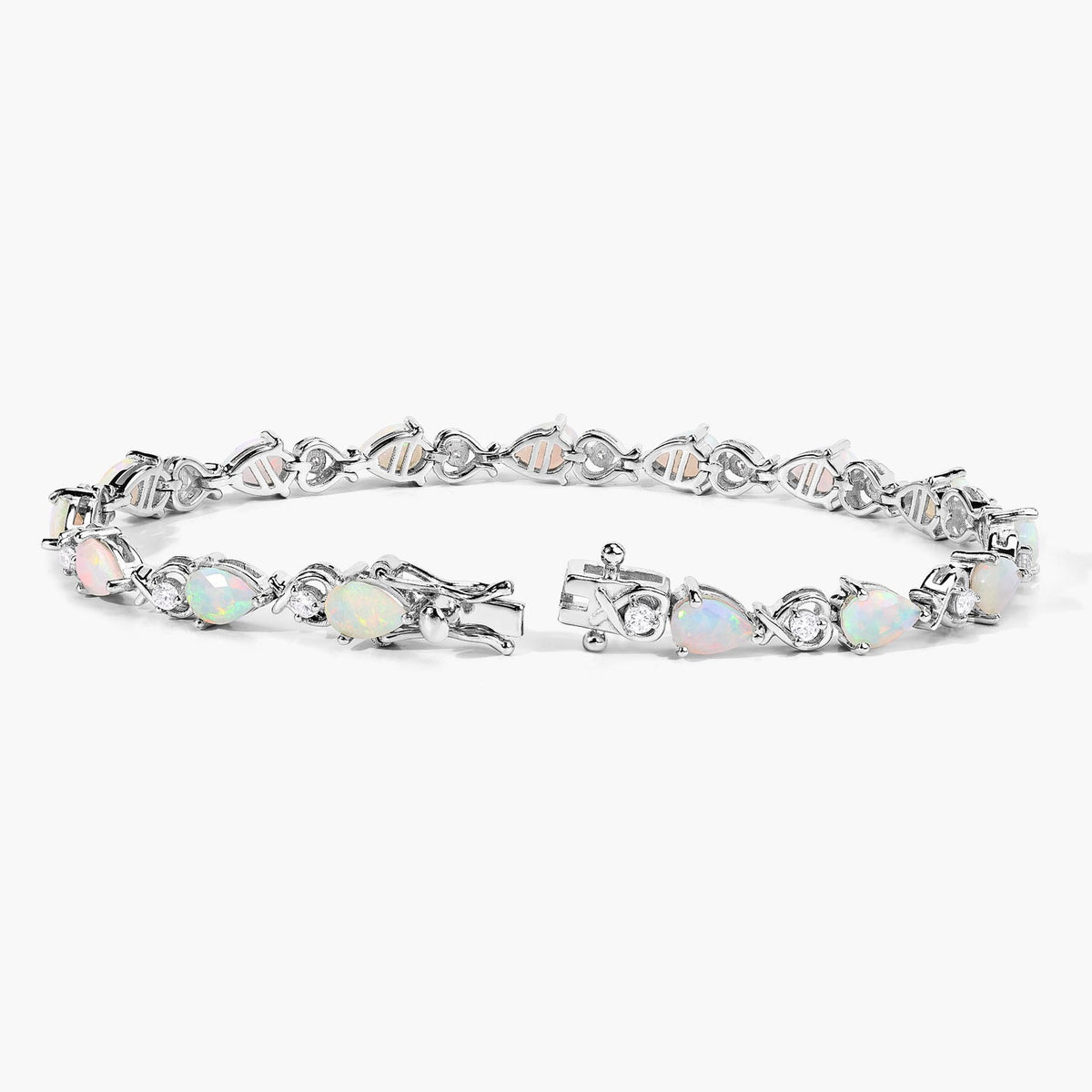 4.28 Ct Pear White Ethiopian Opal Lab Grown Diamond Rhodium Over Sterling Silver Link Bracelet