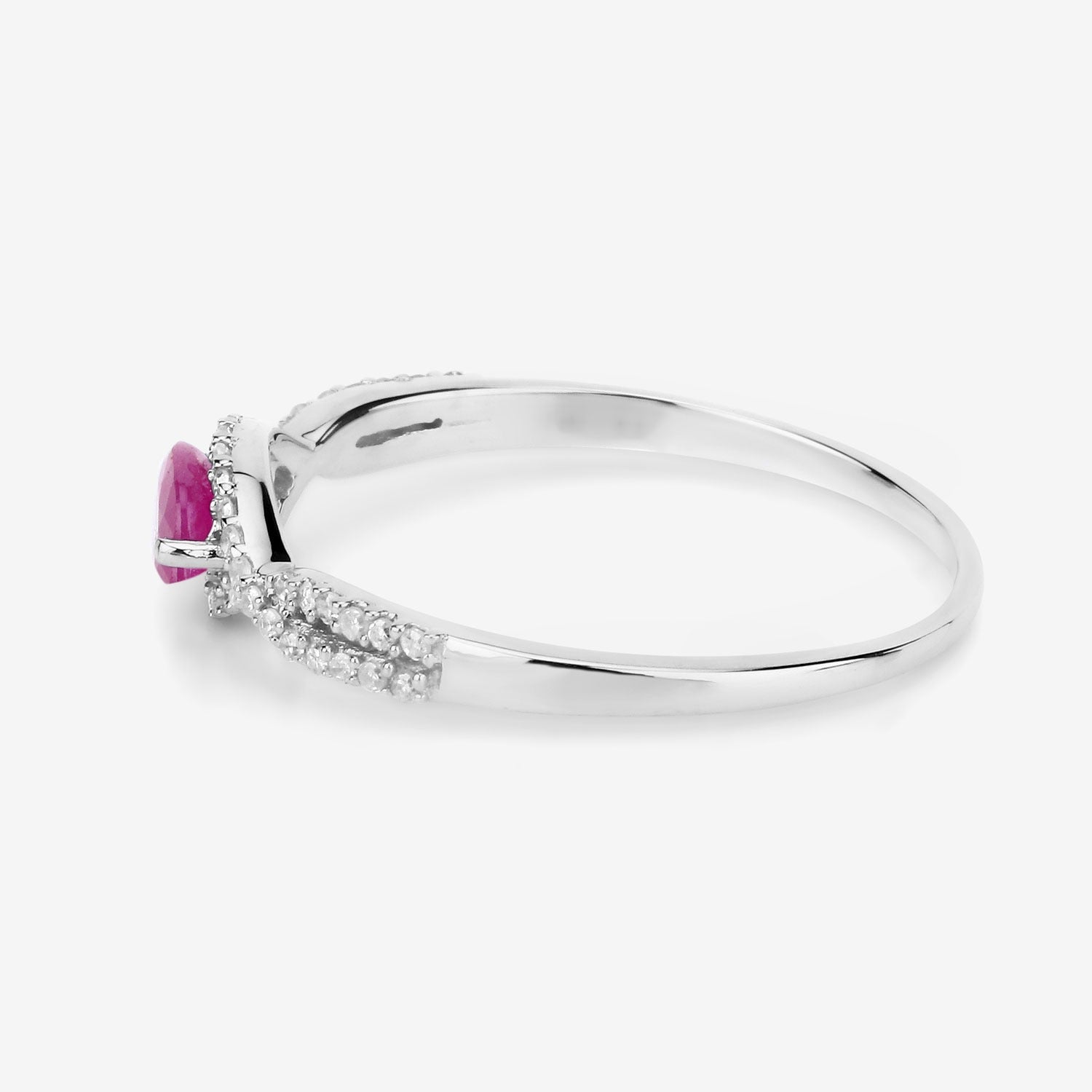 0.40 Ct Oval Shaped Pink Ruby and White Diamond 14K White Gold Crossover Halo Ring