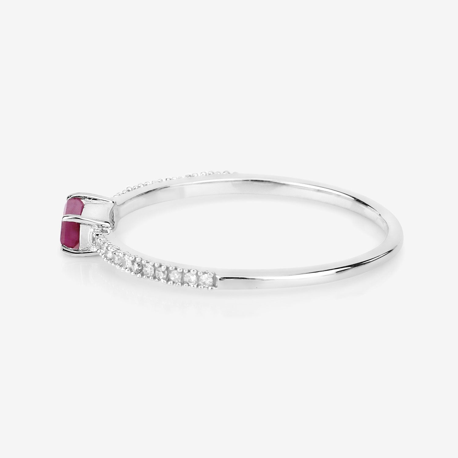 0.22 Ct Baguette Cut Pink Ruby and White Diamond Prong 14K White Gold Bridge Stackable Pave Ring