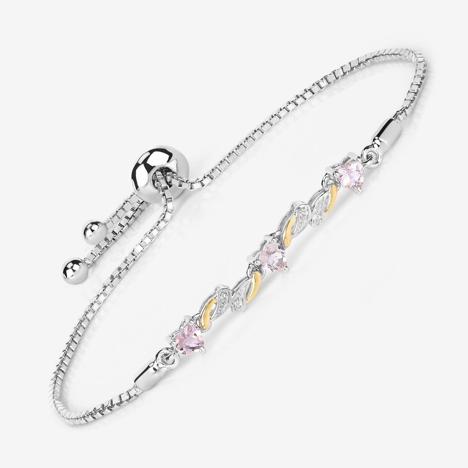 Adjustable silver bracelet with pink gemstones and gold accents, Fine Color Jewels handcrafted jewelry