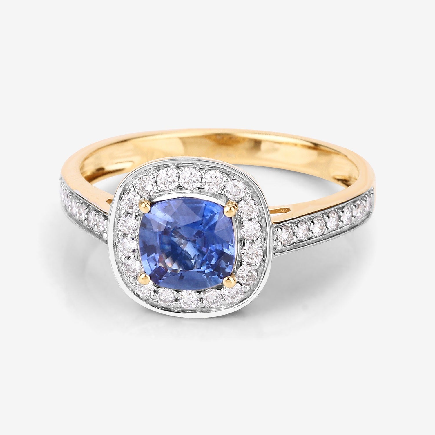 1.31 Ct Genuine Blue Sapphire Diamond 18K Yellow Gold Halo Pave Ring