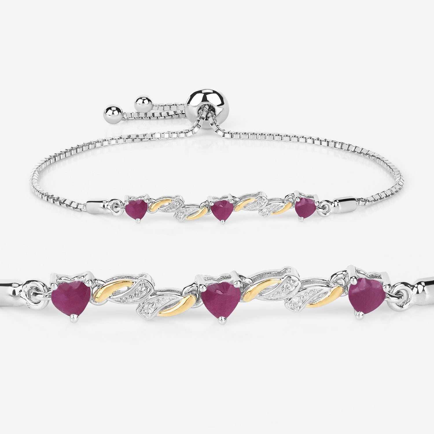 Genuine Ruby and White Sapphire Silver Heart Bracelet Fine Color Jewels