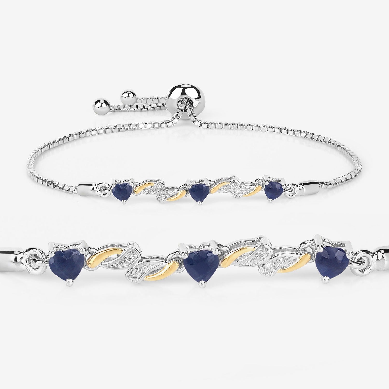 Genuine Blue Sapphire and White Sapphire Silver Heart Bracelet