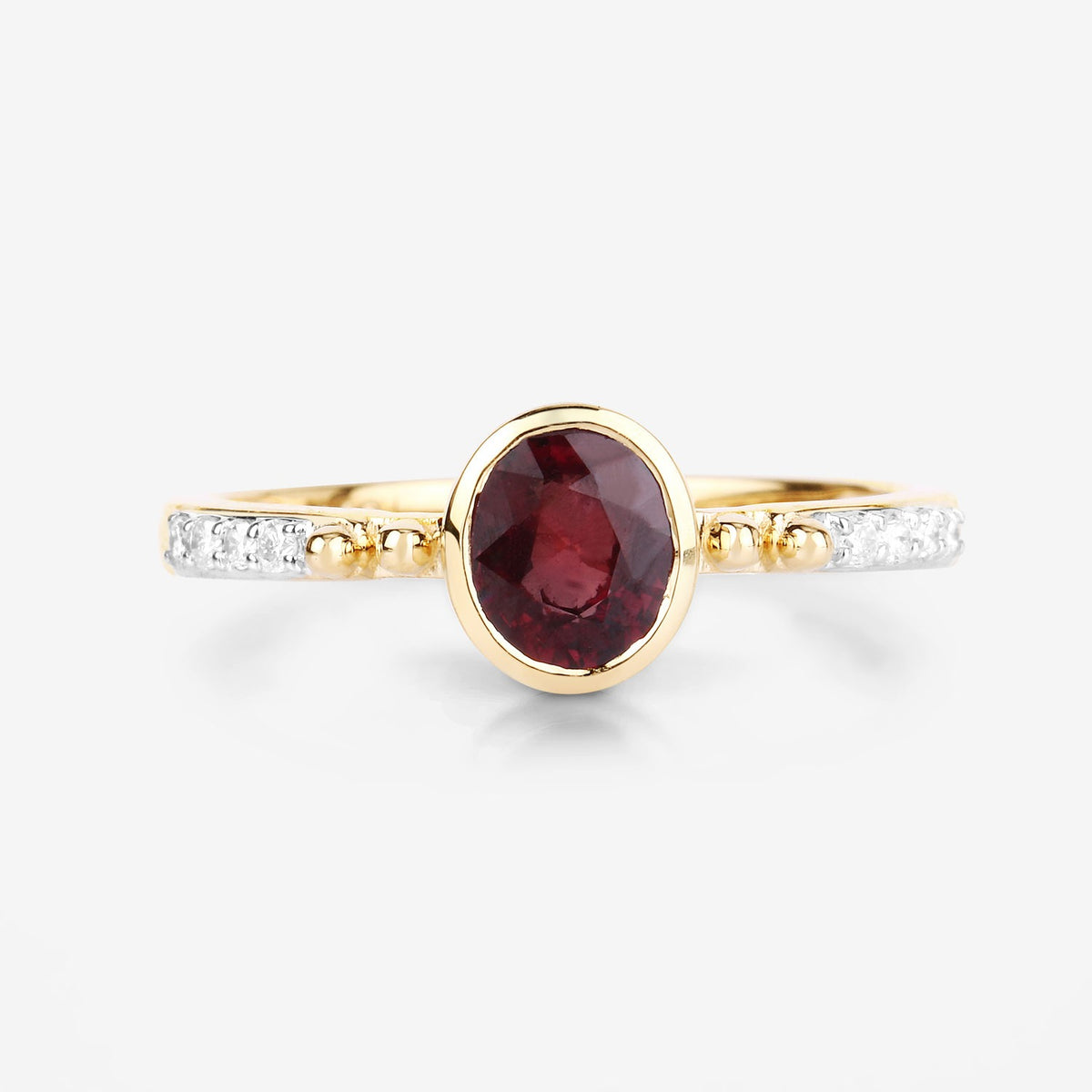 1.00 Cttw Oval Red Ruby and Diamond Pave 14K Yellow Gold Bridge Ring