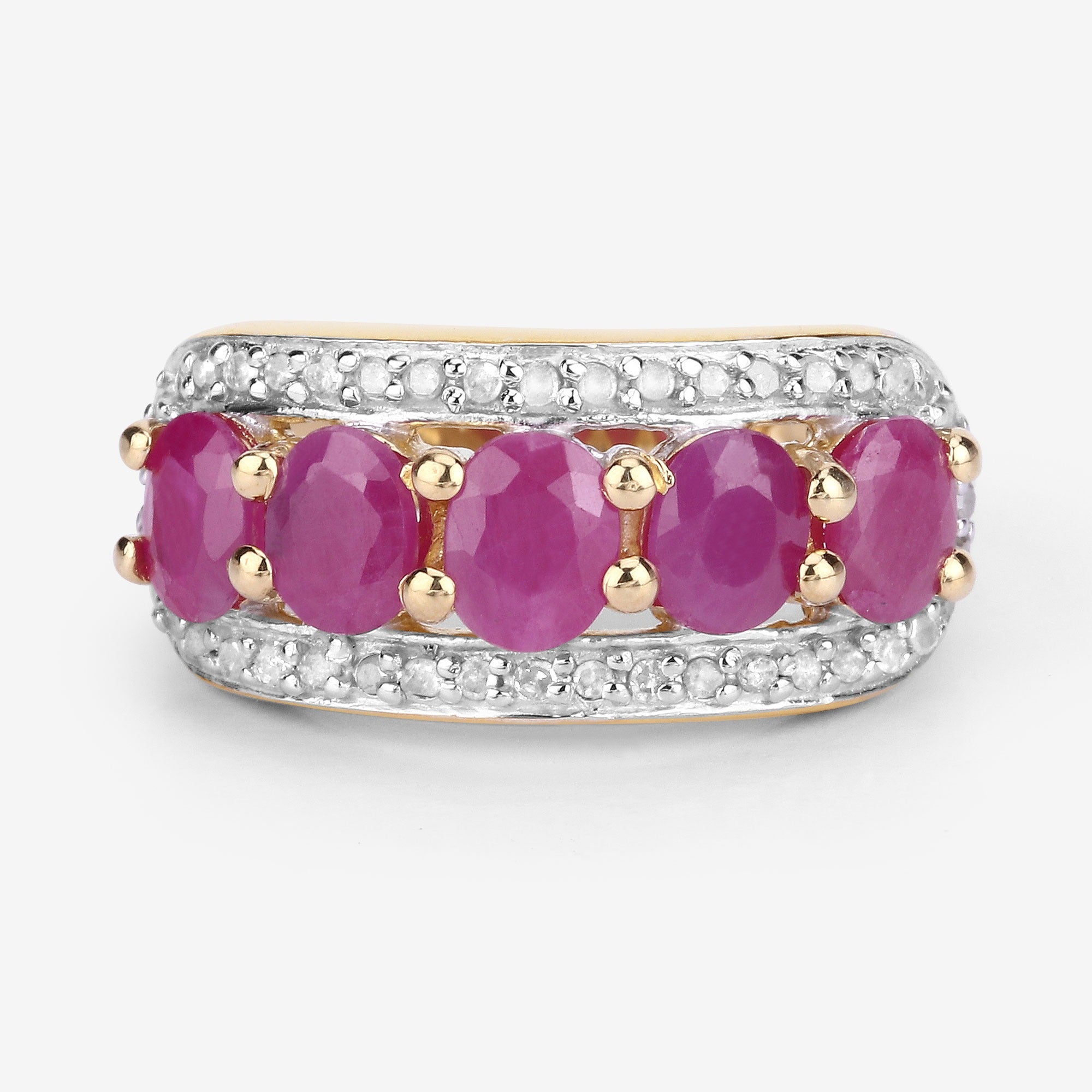 1.74 Ct Oval Pink Ruby and White Diamond Prong Silver Five Stone Halo Ring