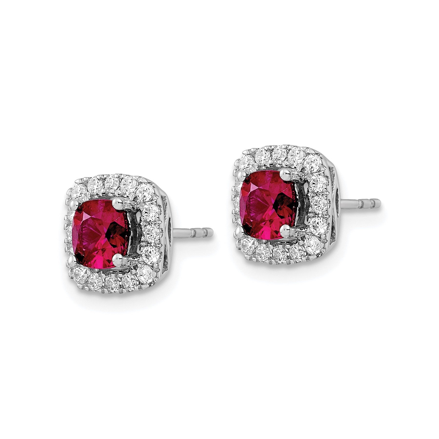 3/8 ct Lab Diamond and Created Ruby Halo Post Earrings 14k White Gold