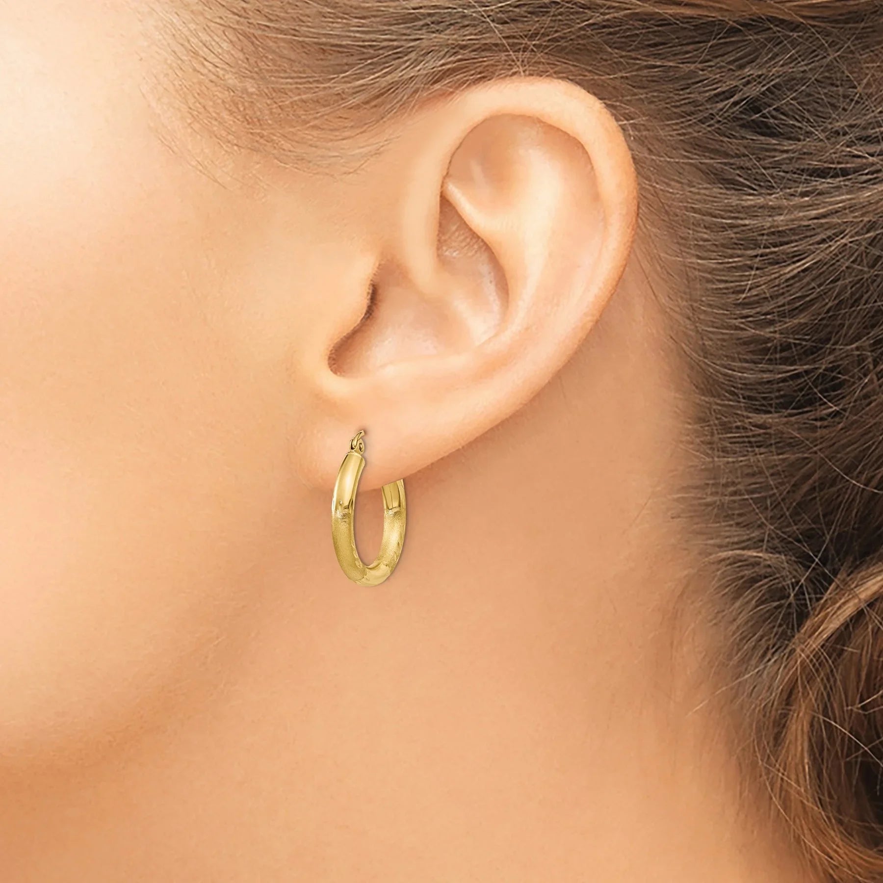 14k Gold Satin and Diamond-cut Round Hoop Earrings
