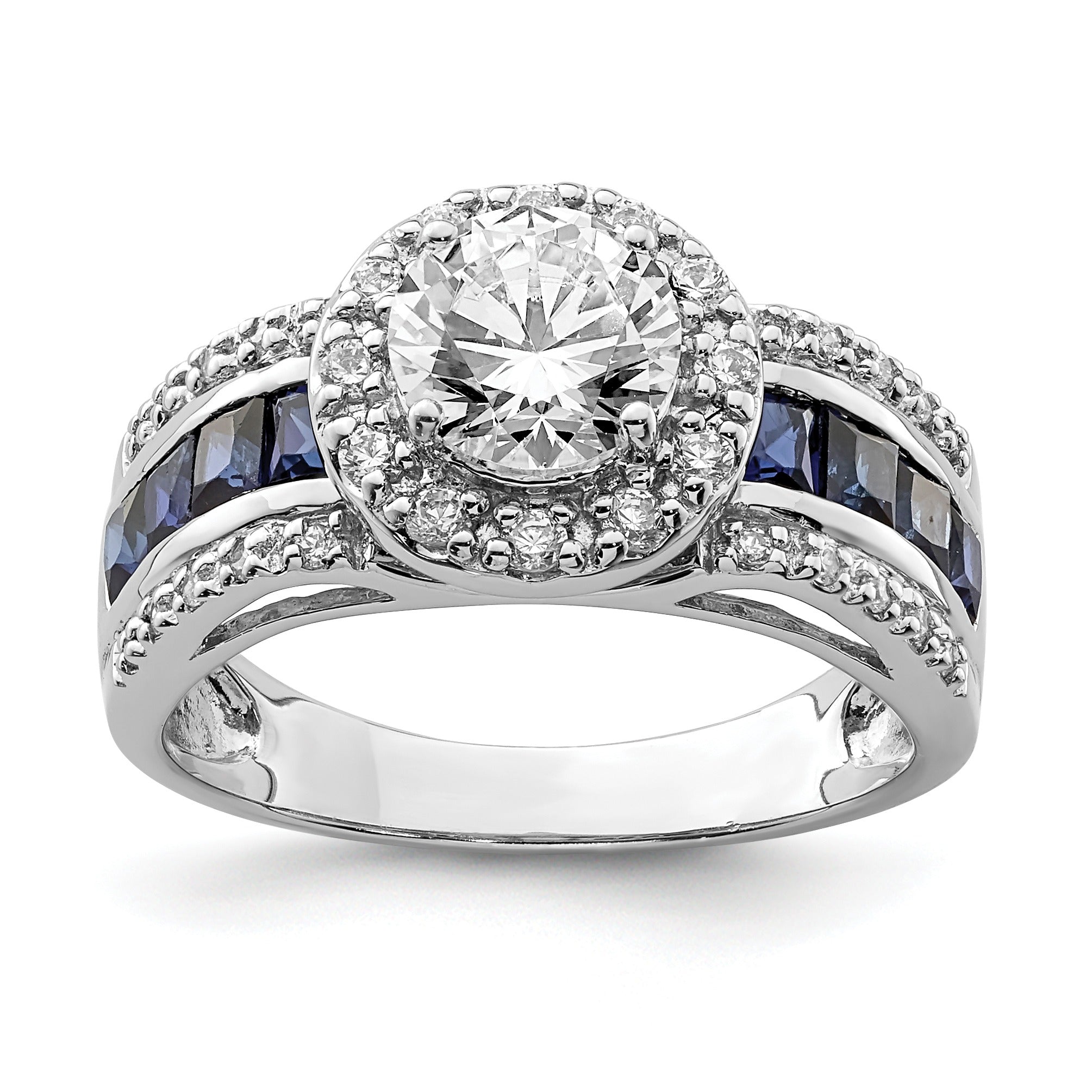 3.29 Ct Princess Blue Lab Created Sapphire & CZ Prong Sterling Silver Rhodium Plated Halo Ring