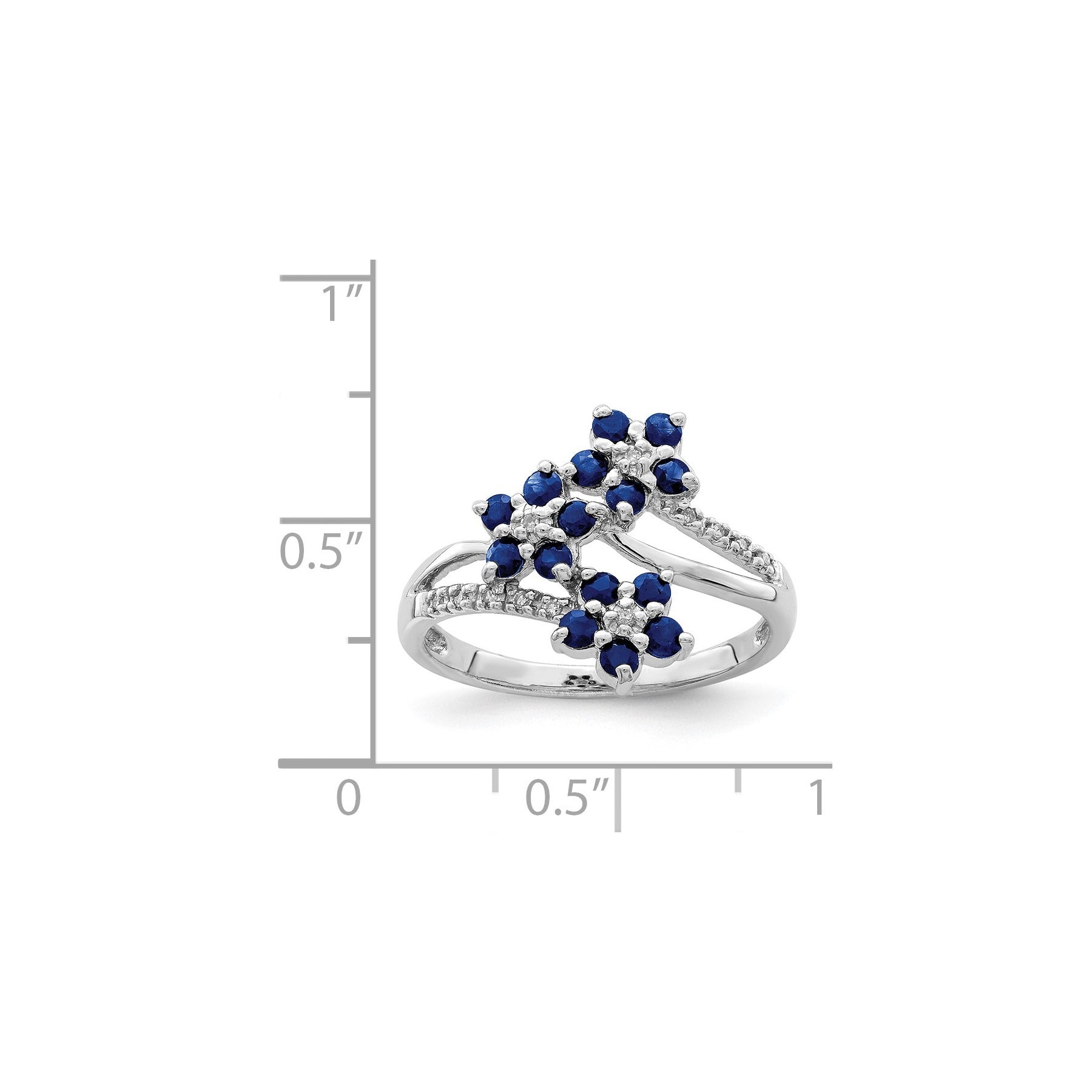 0.6 Ct Blue Sapphire & Diamond Prong Rhodium-Plated Sterling Silver Three-Flower Ring