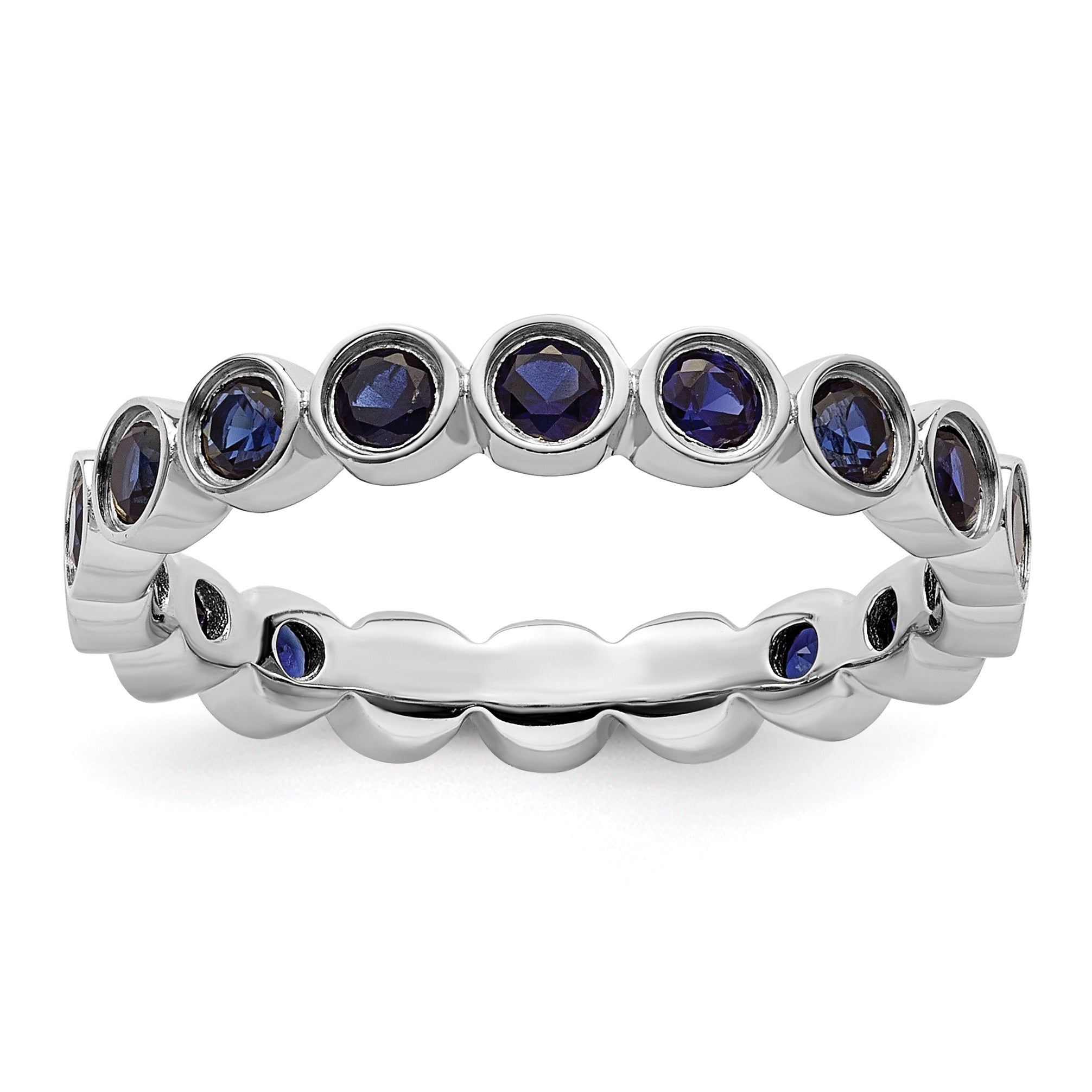 1.29 Ct Round Blue Created Sapphire Bezel Silver Eternity Stackable Ring