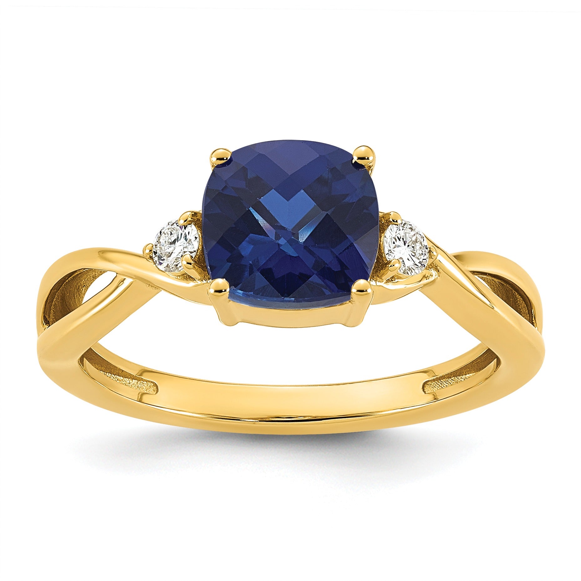 0.89 Ct Cushion Blue Created Sapphire & Lab Diamond Three Stone 14K Gold Bypass Ring