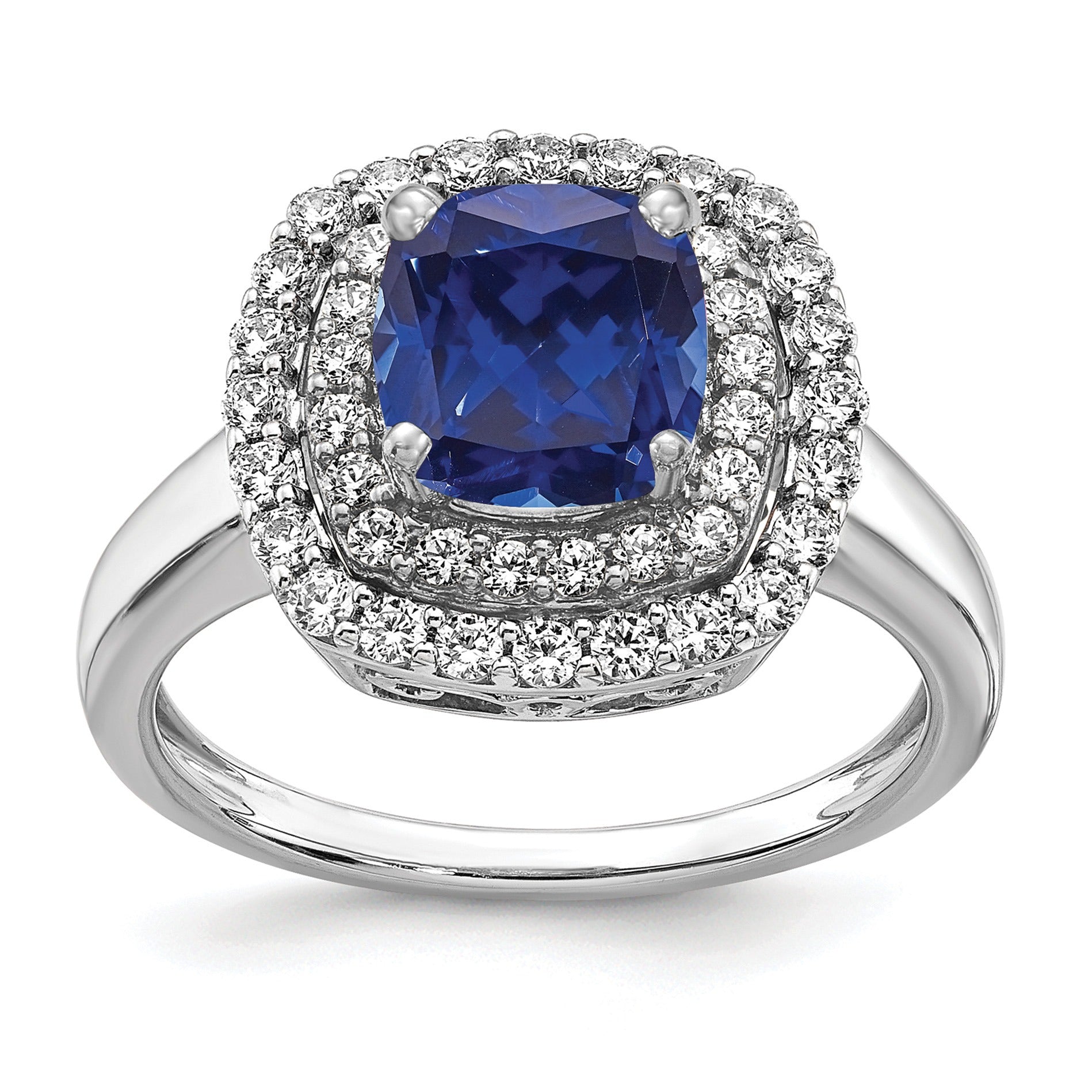 2.31 Ct Cushion Blue Created Sapphire & Lab Diamond Prong 14K White Gold Double Halo Ring