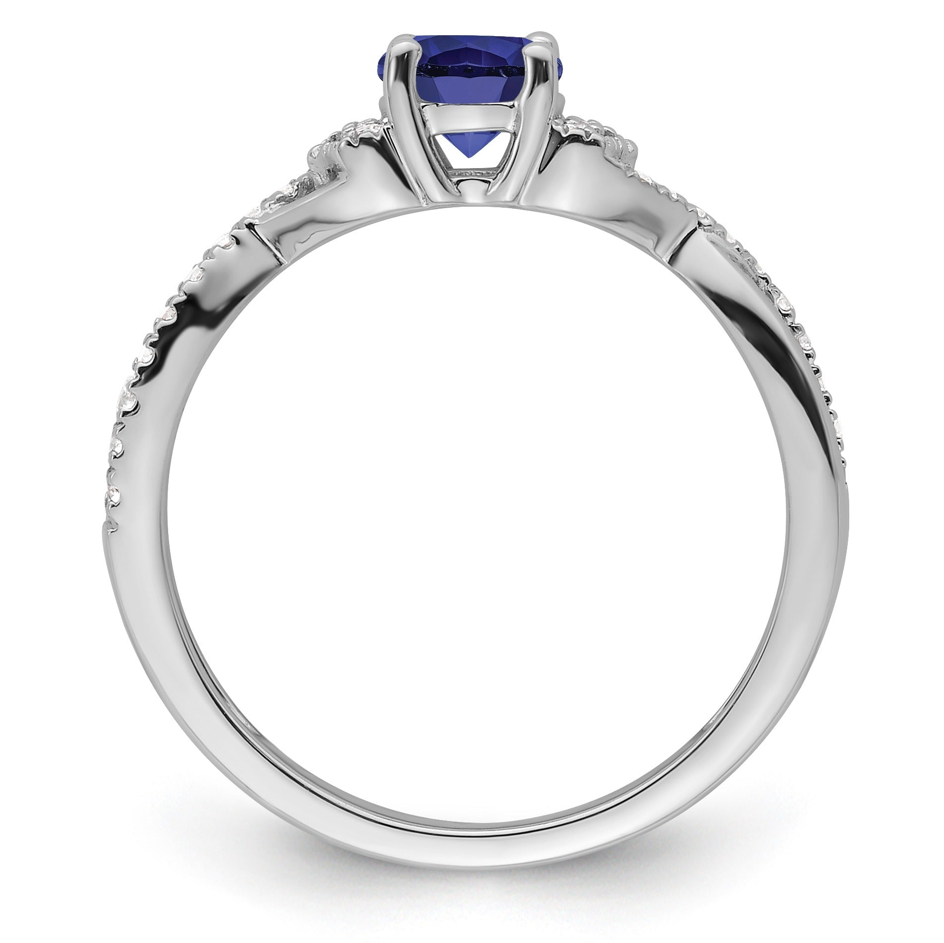Round Blue Created Sapphire and Lab Diamond Prong 10K White Gold Infinity Twist Promise Pave Ring