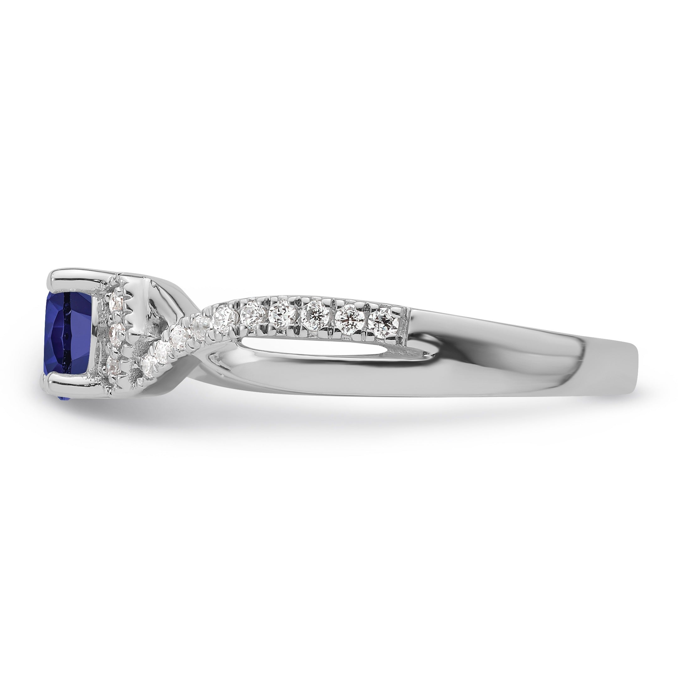 Round Blue Created Sapphire and Lab Diamond Prong 10K White Gold Infinity Twist Promise Pave Ring