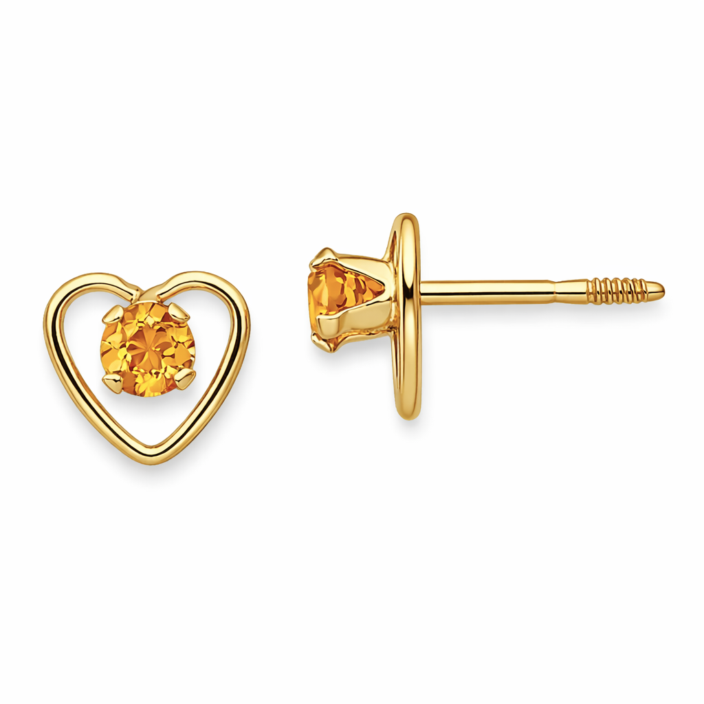 14k Yellow Gold Birthstone Heart Stud Earrings